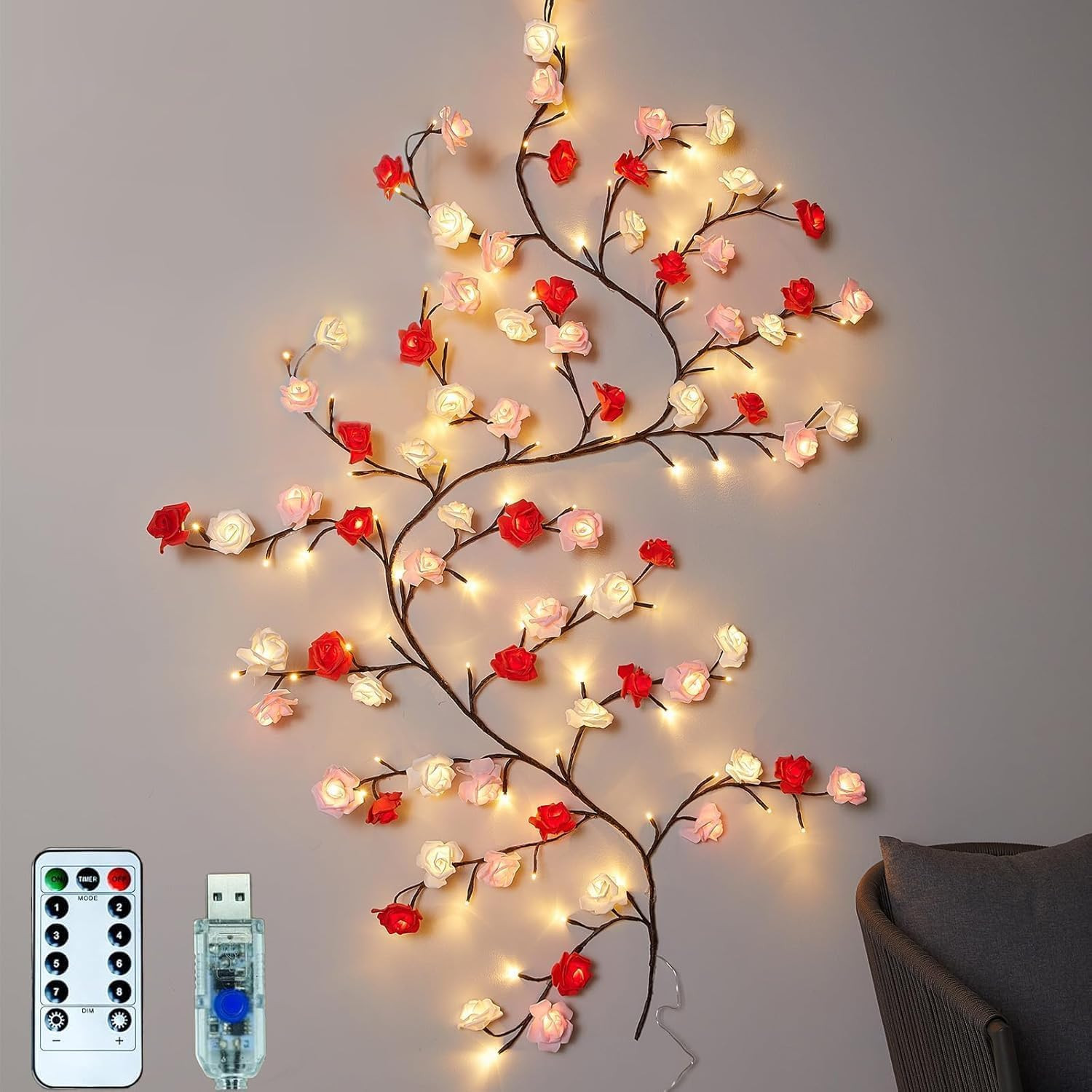 Luces de ramas de rosas con setenta y dos led y ocho modos con control remoto