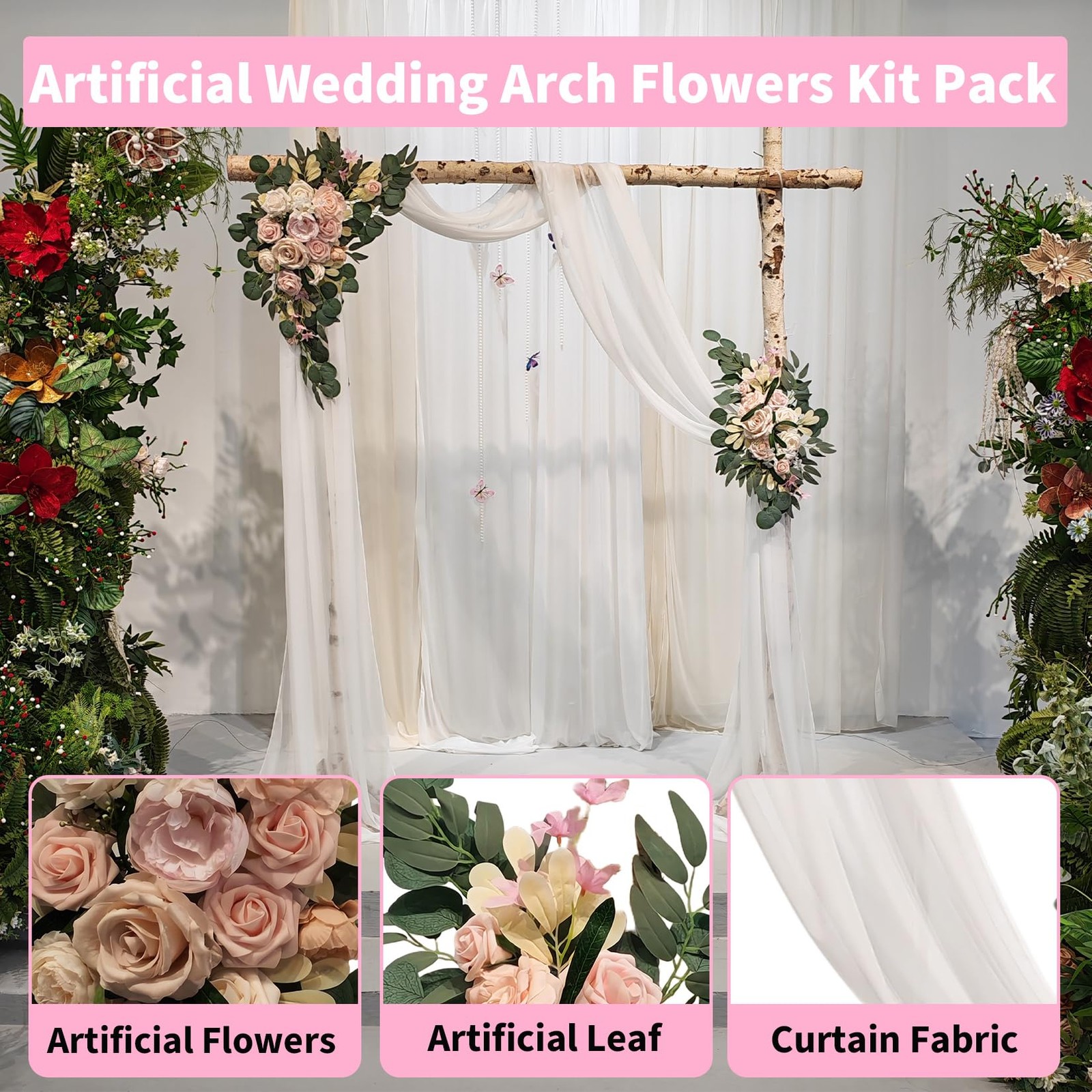 Arch Flowers Drapes Kit Artificial Decor Wedding Ceremony Backdrop White 3 PCS
