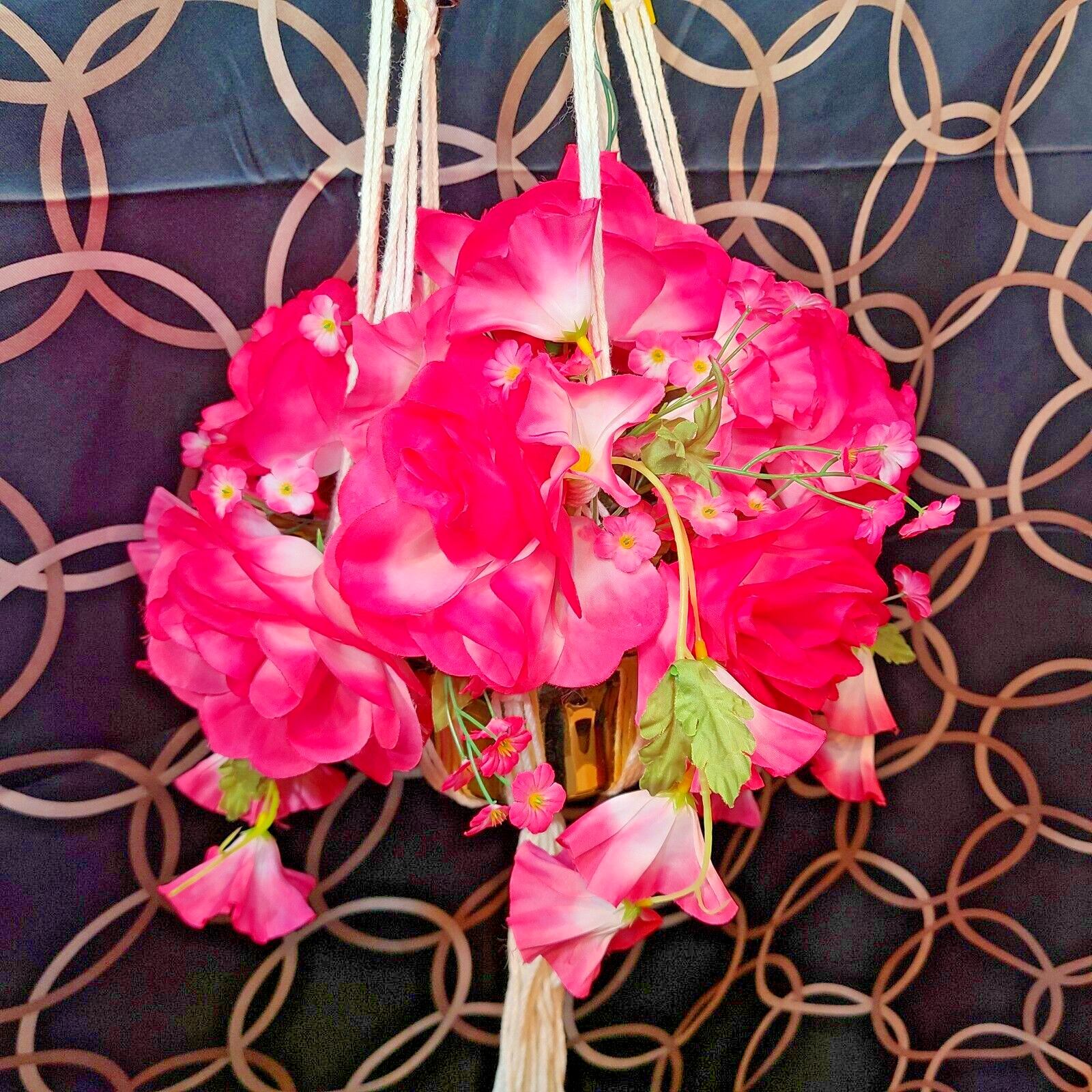 Hanging Plant Faux Red Flowers Macrame Lighted 46″ Vintage Retro Decor see video