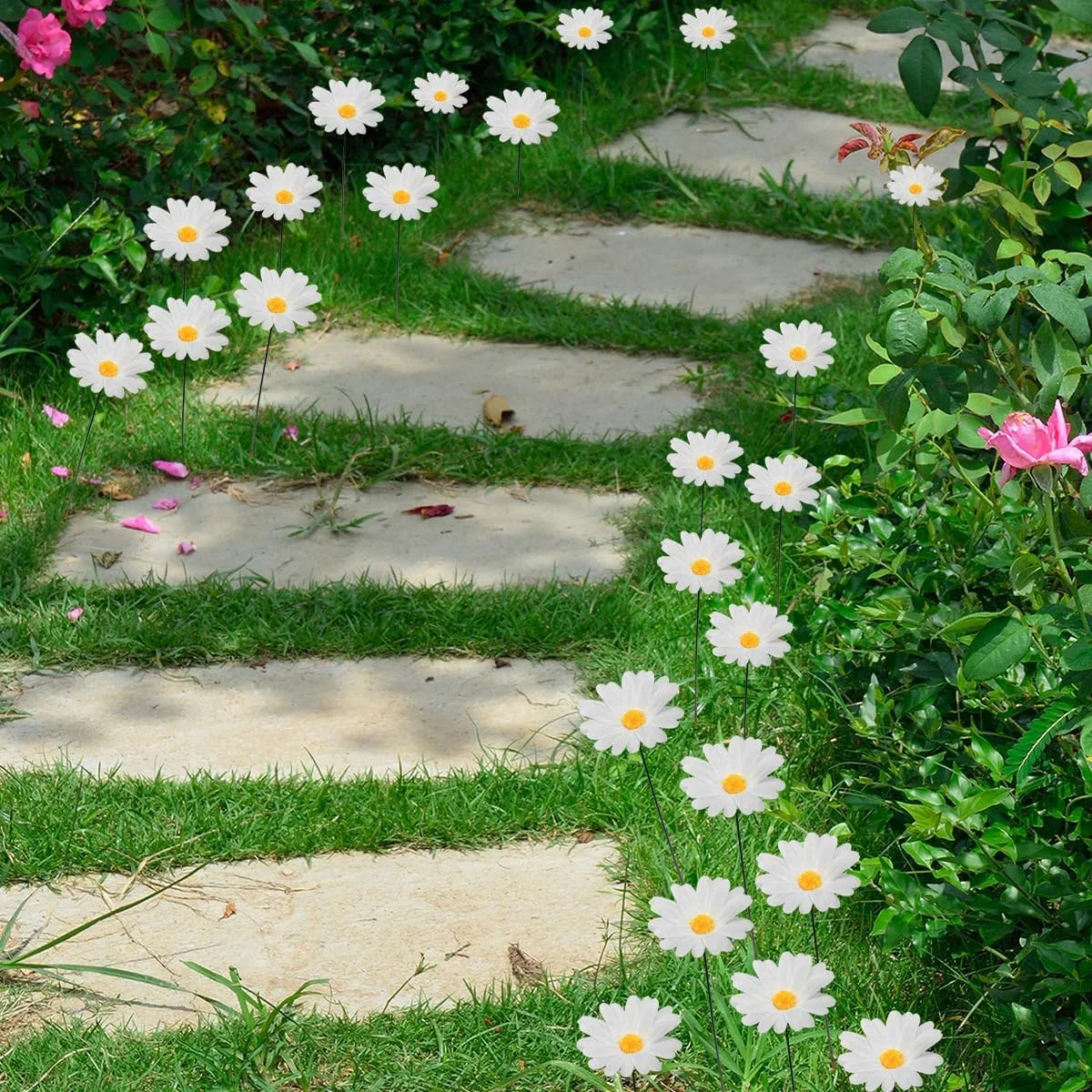Demonwer 20 Pcs Daisy Garden Stakes Decor White Daisy Flower Garden Stakes Iron