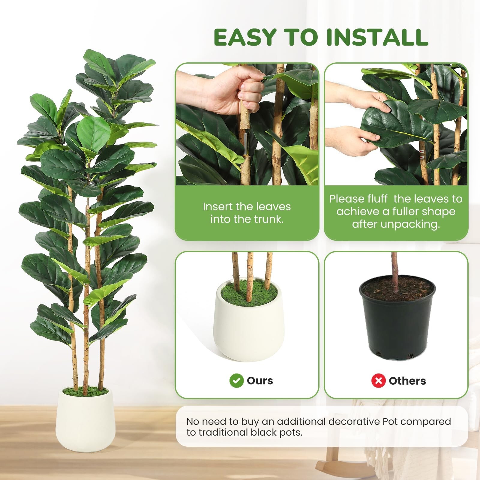 5 FT Faux Fiddle Leaf Fig Tree with White Tall Planter, Faux Trees with Artif…