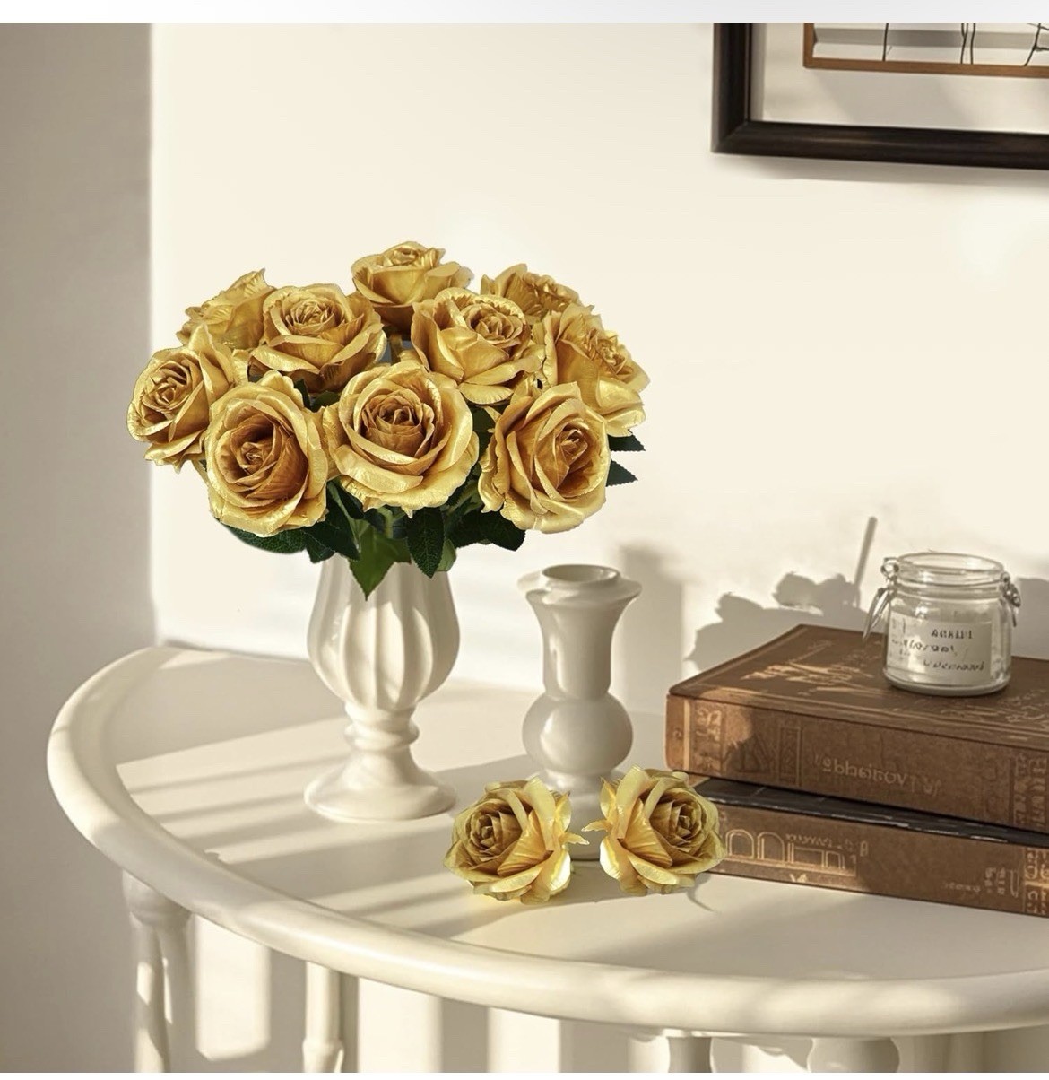 10 Pcs Gold Rose Artificial Flower, Faux Silk Flowers With Long Stems, Fake…