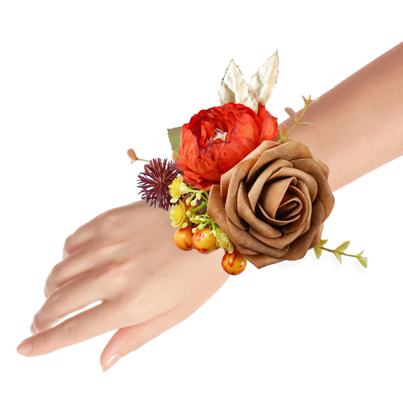 2 PCS Wedding Bridesmaid Wrist Corsage Burnt Orange Cream Yellow Rose