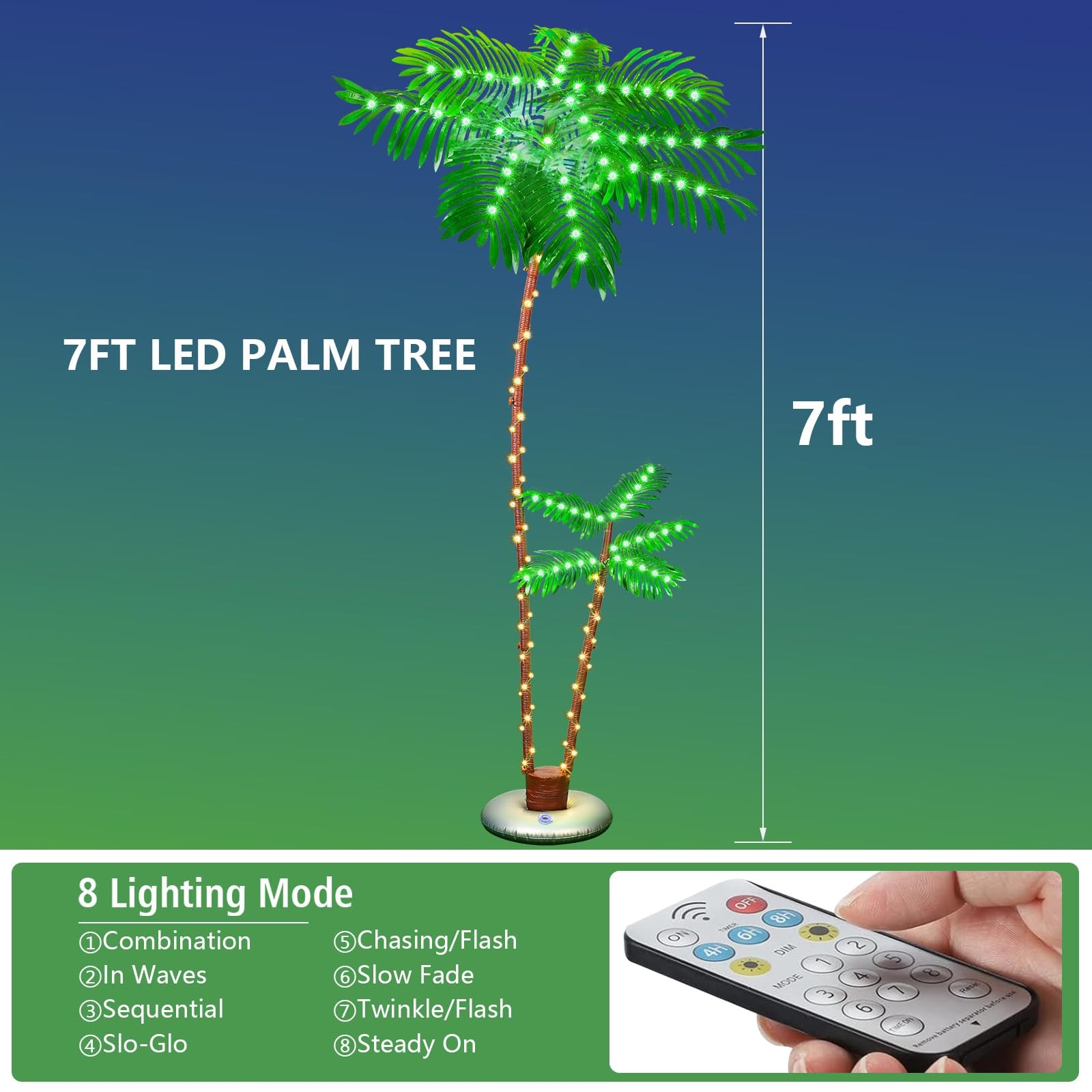 7FT Dual Trunk Solar Palm Tree 8 Modes Remote Control Timer Waterproof LED Outdo