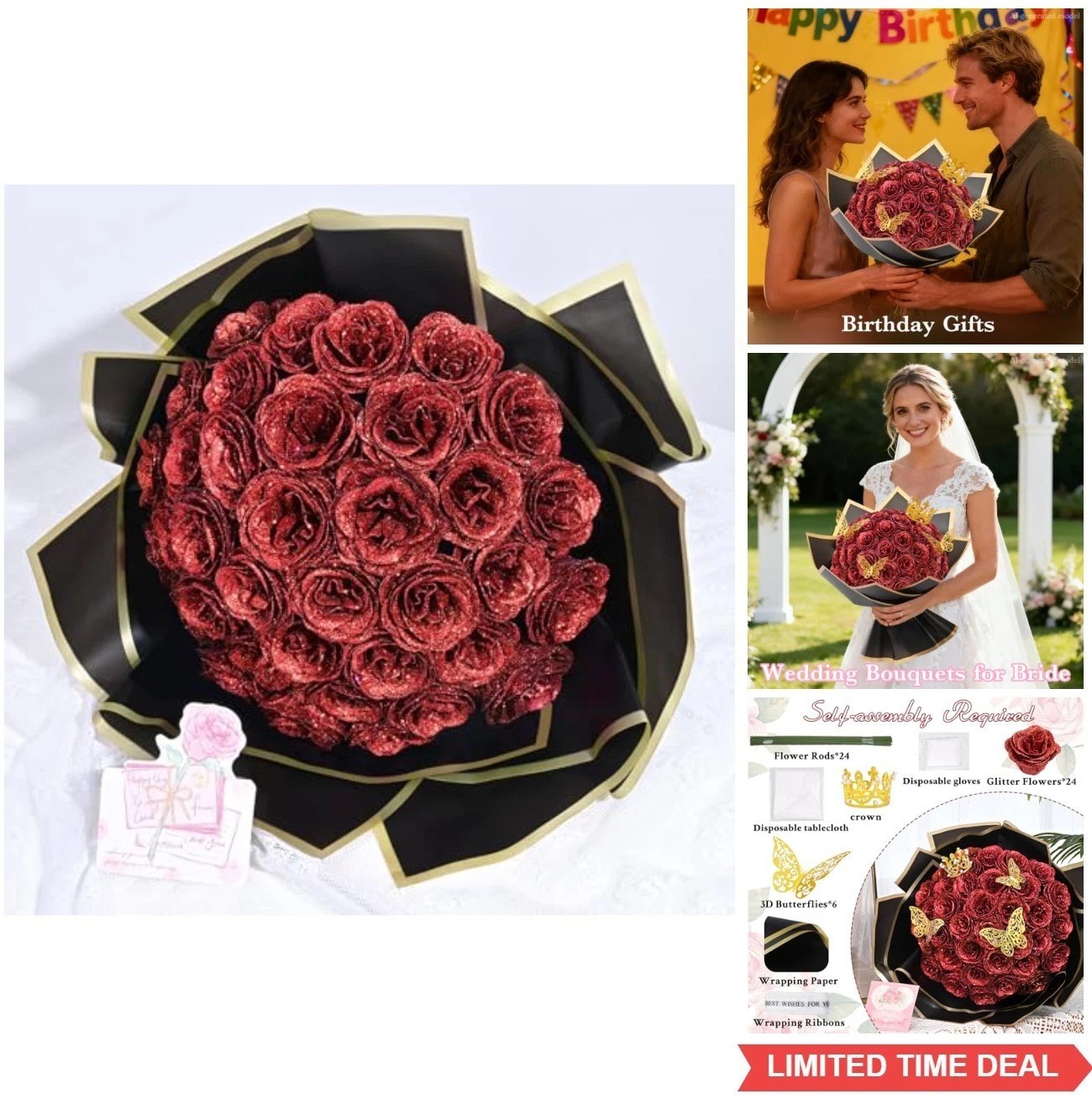 DIY Glitter Roses Bouquet 24 Pcs Red Artificial Silk Flowers for Birthday