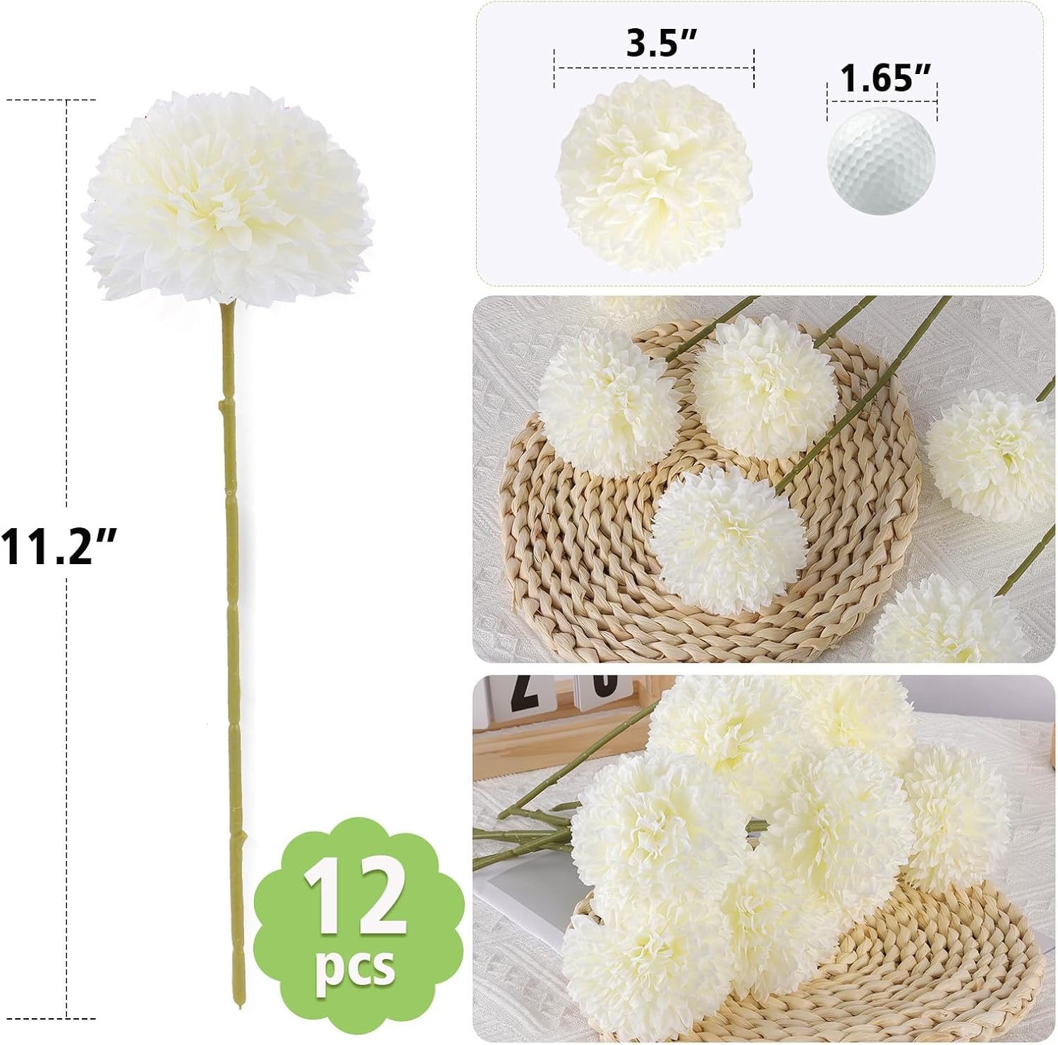 12 Pcs Artificial Chrysanthemums Flowers Silk Ball White Flowers Fake Mums Sprin