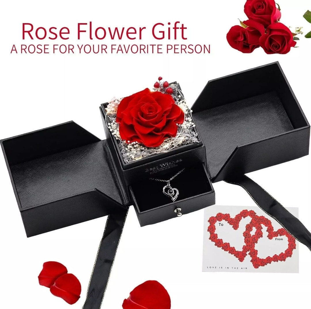 Real Preserved Red Rose with Necklace Auto LED Light Fathers day Gift For him!
