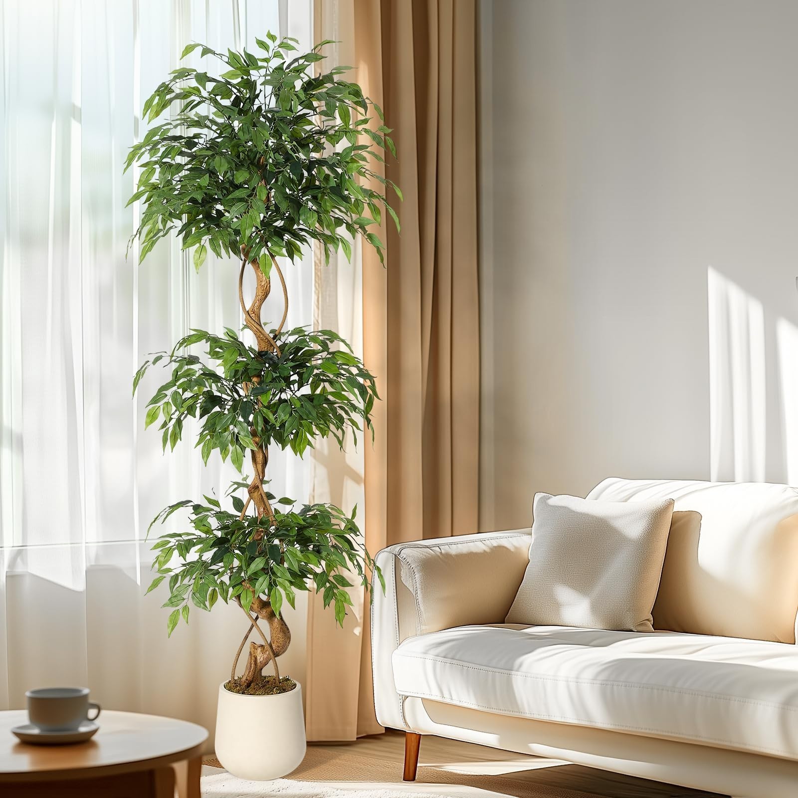 5/6FT Artificial Ficus Tree with White Planter,Realistic Faux Silk Indoor Outdoo