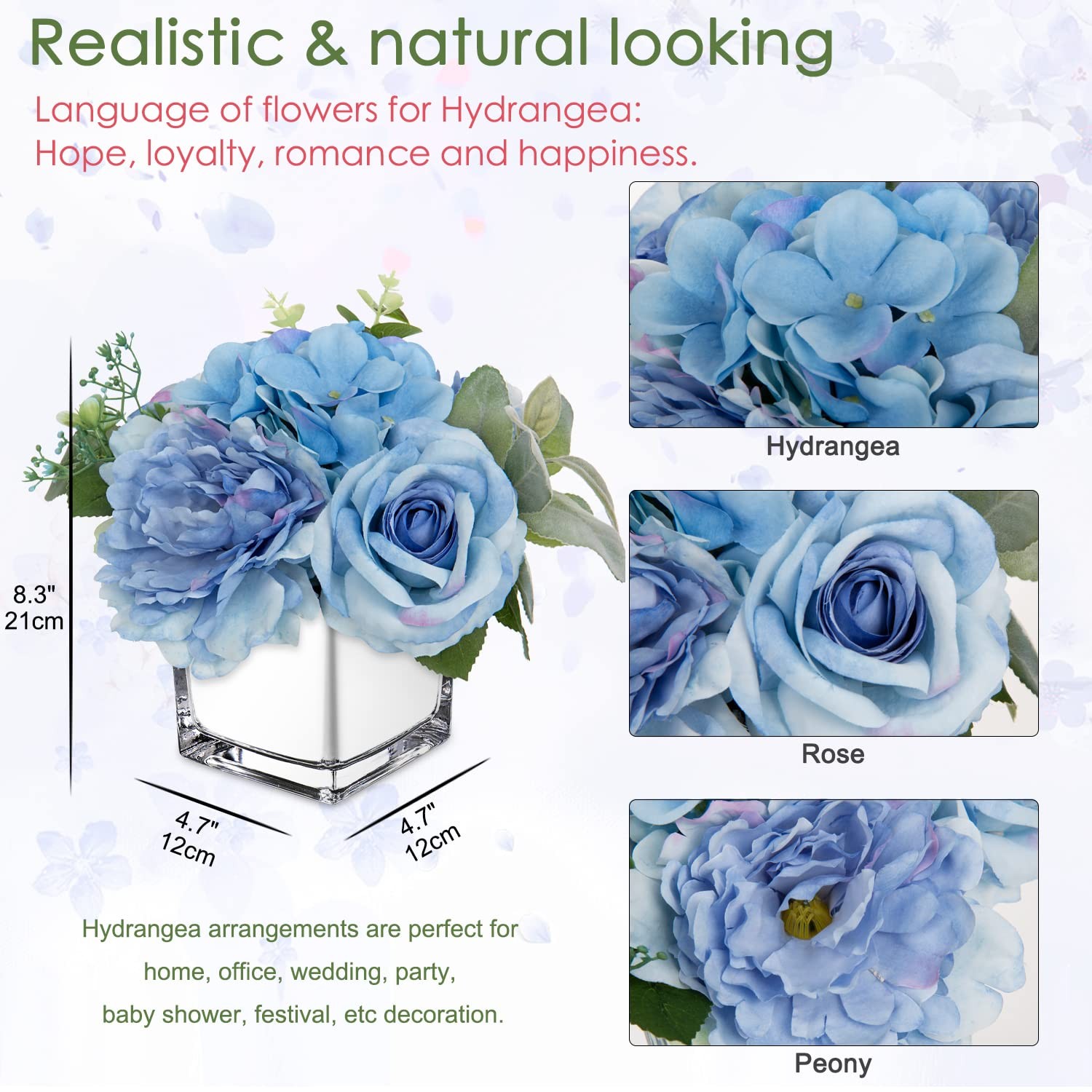 Artificial Flowers in Vase Fake Silk Hydrangea Rose Flower Arrangement Faux P…