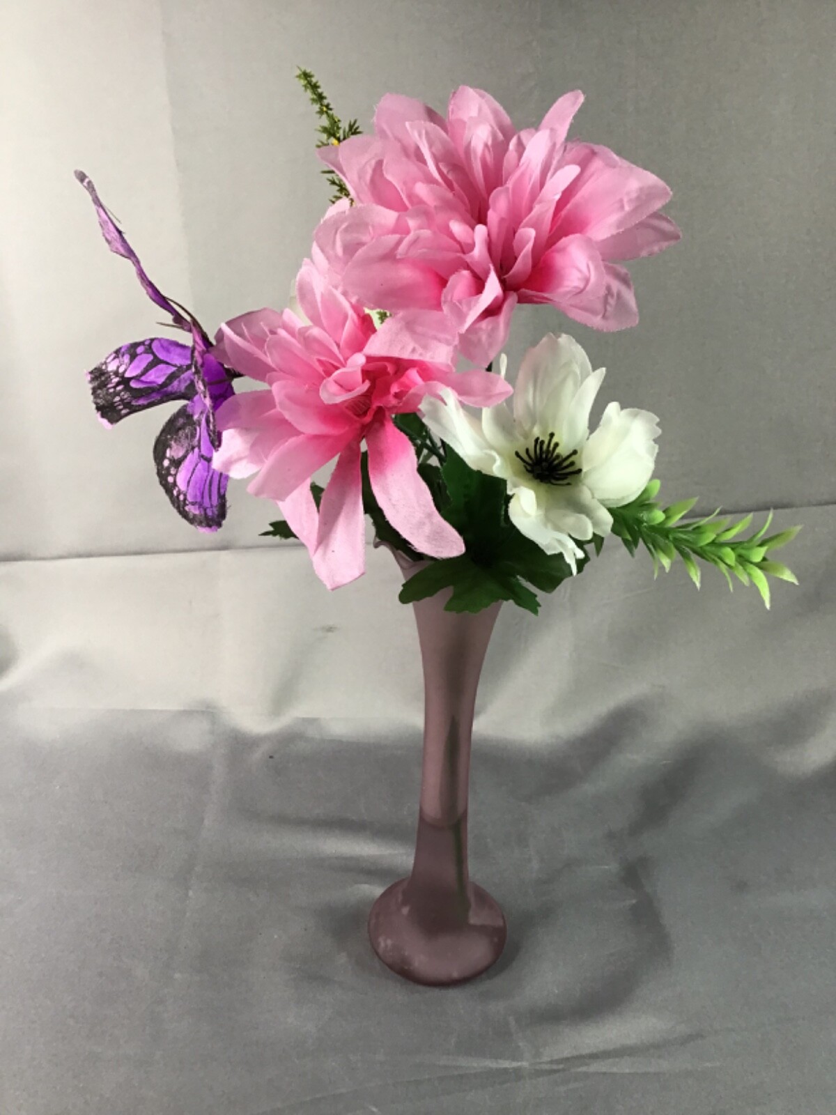 Vintage Vase Purple Butterfly Pink & White Flower Arrangement in Faux Water