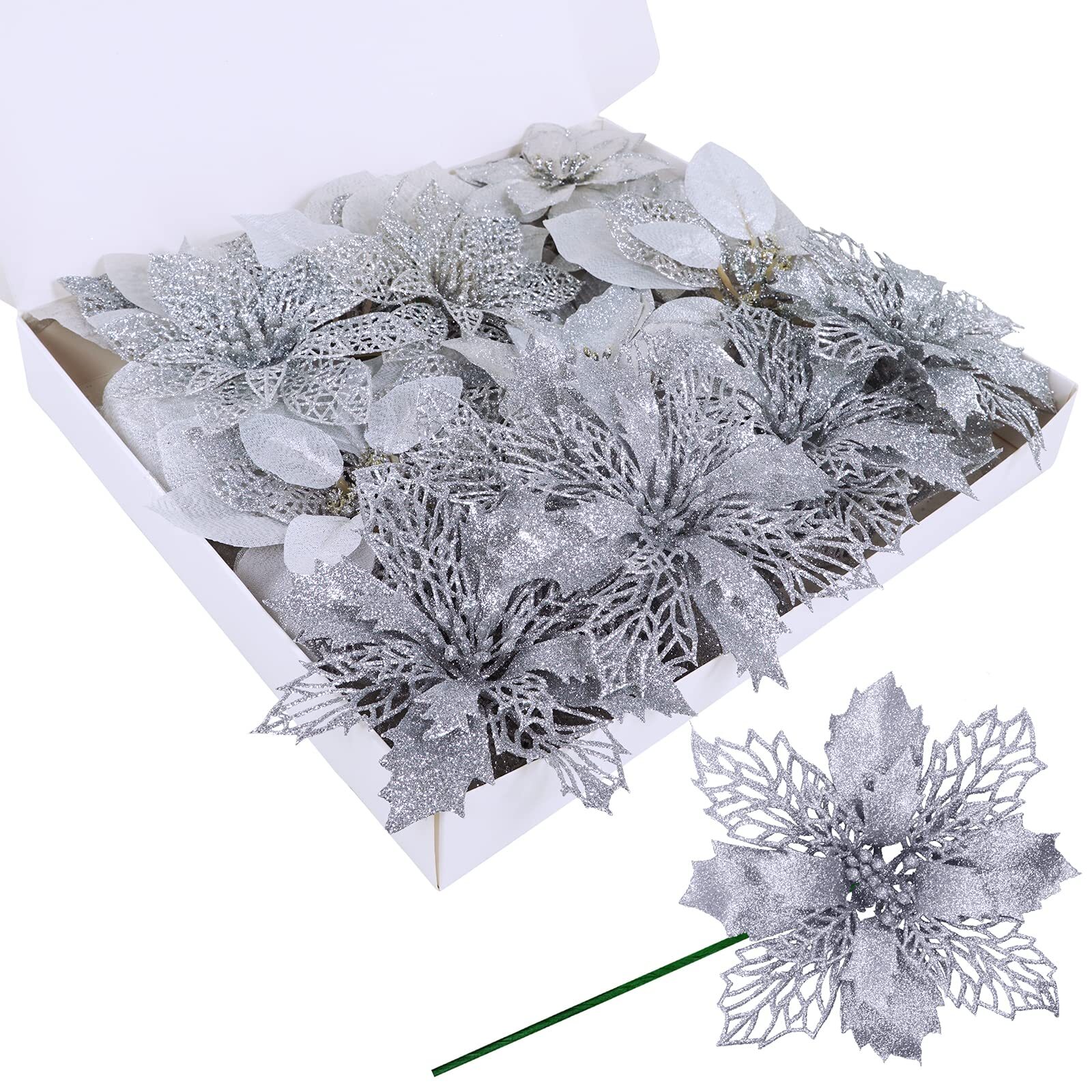24 Pcs 4 Styles Christmas Silver Metallic Mesh Glitter Artificial Poinsettia Flo