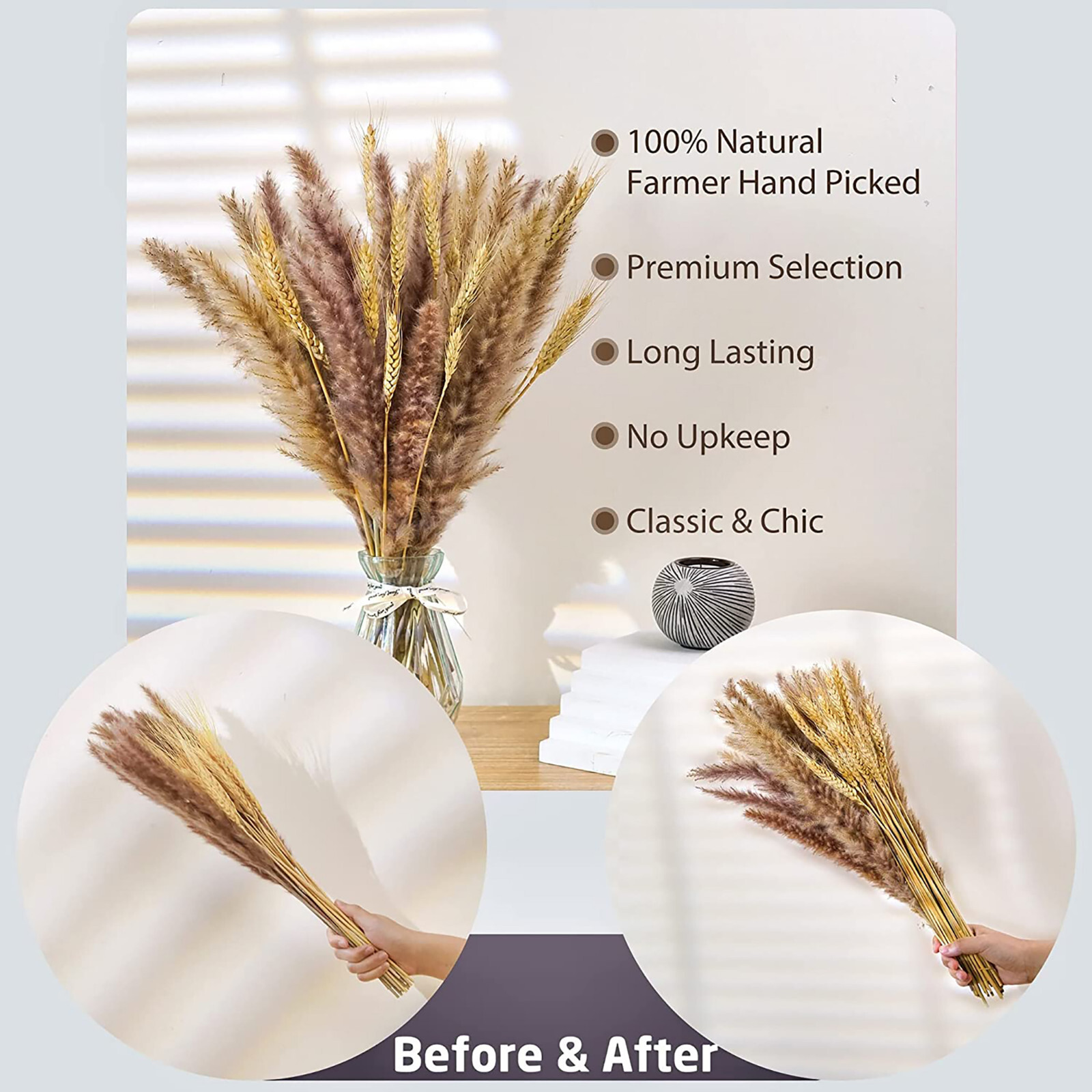 NEW 40-Pc Pampas Grass Dried Wheat Bouquet 17″ Boho Flowers Bohemian Vase Decor