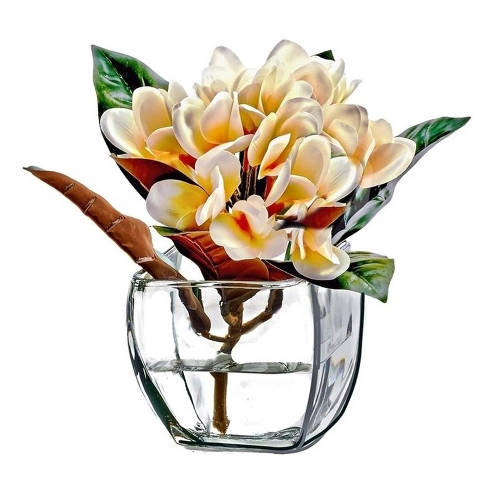 Pemberly Row Contemporary Cream Frangipani in Glass Cube with Acrylic Water