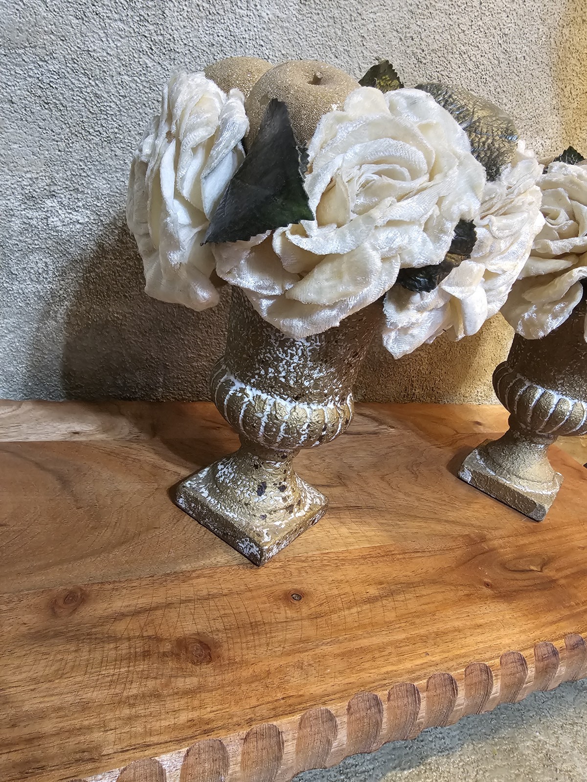 2 Vtg Velvet Floral Arrangement Cream Rose Glitter Apple in Champagne Urn/bowl