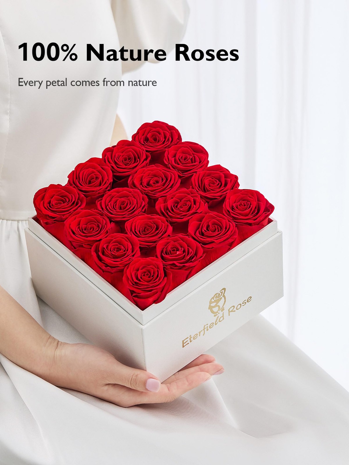 Forever Flowers Square White Box Preserved Real Red Roses 16 PK