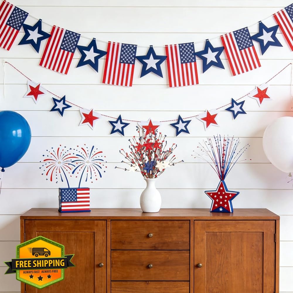 iRFKCIOW Patriotic Floral Picks Red Blue White Stars