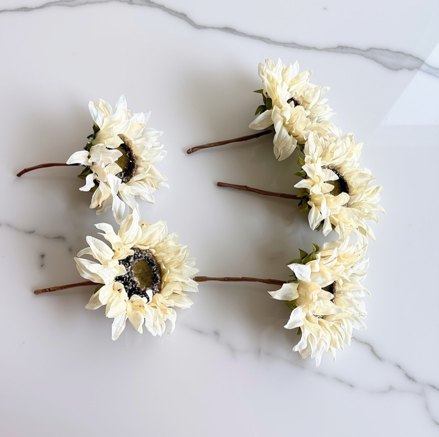 Set of 5 Cream Faux Sunflower Picks Soft Fabric Petals Wrapped Stems 9″ Tall