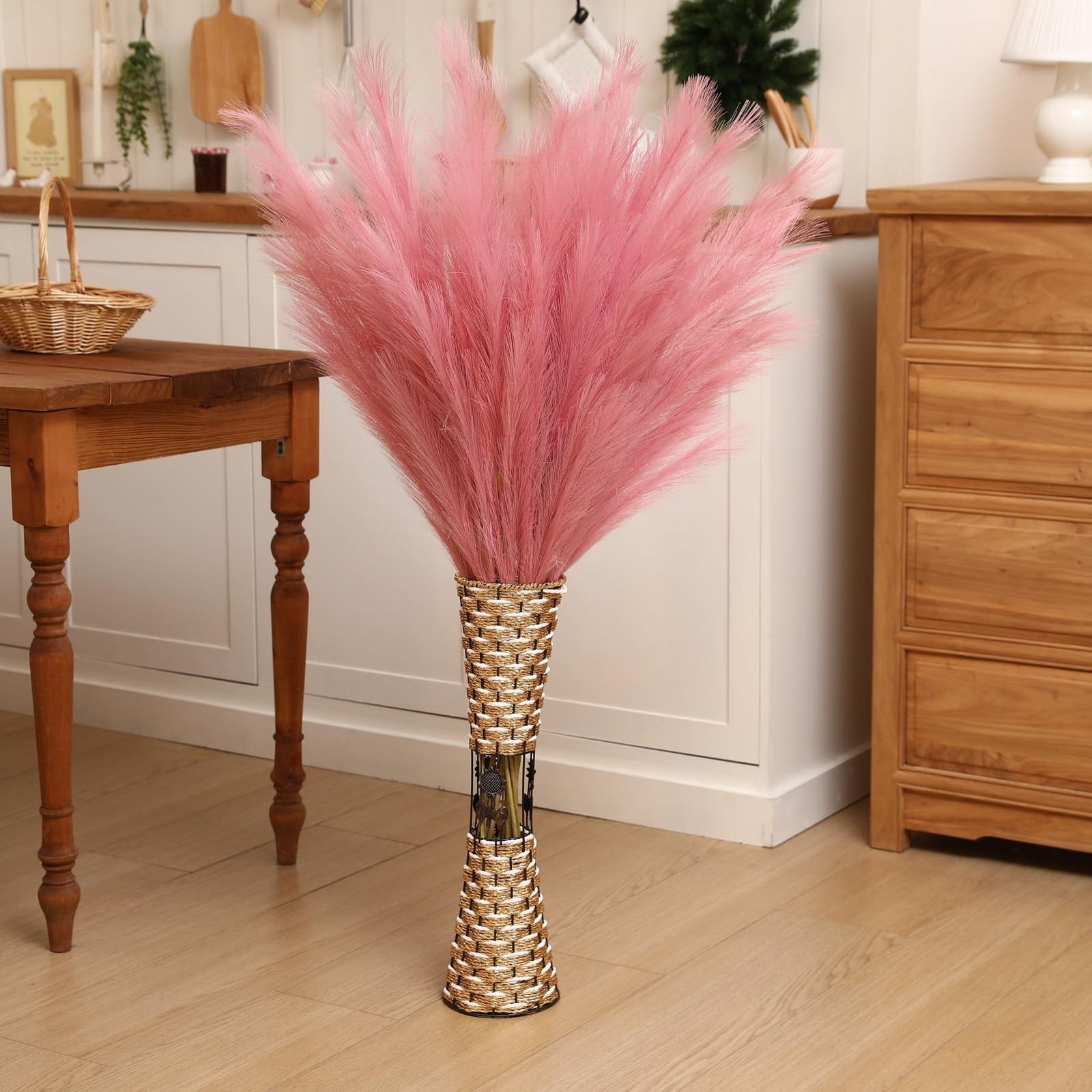 Dark Pink Pampas Grass, 8 Pcs 45 Inch Tall Large Faux Pompous Grass, Long Art…