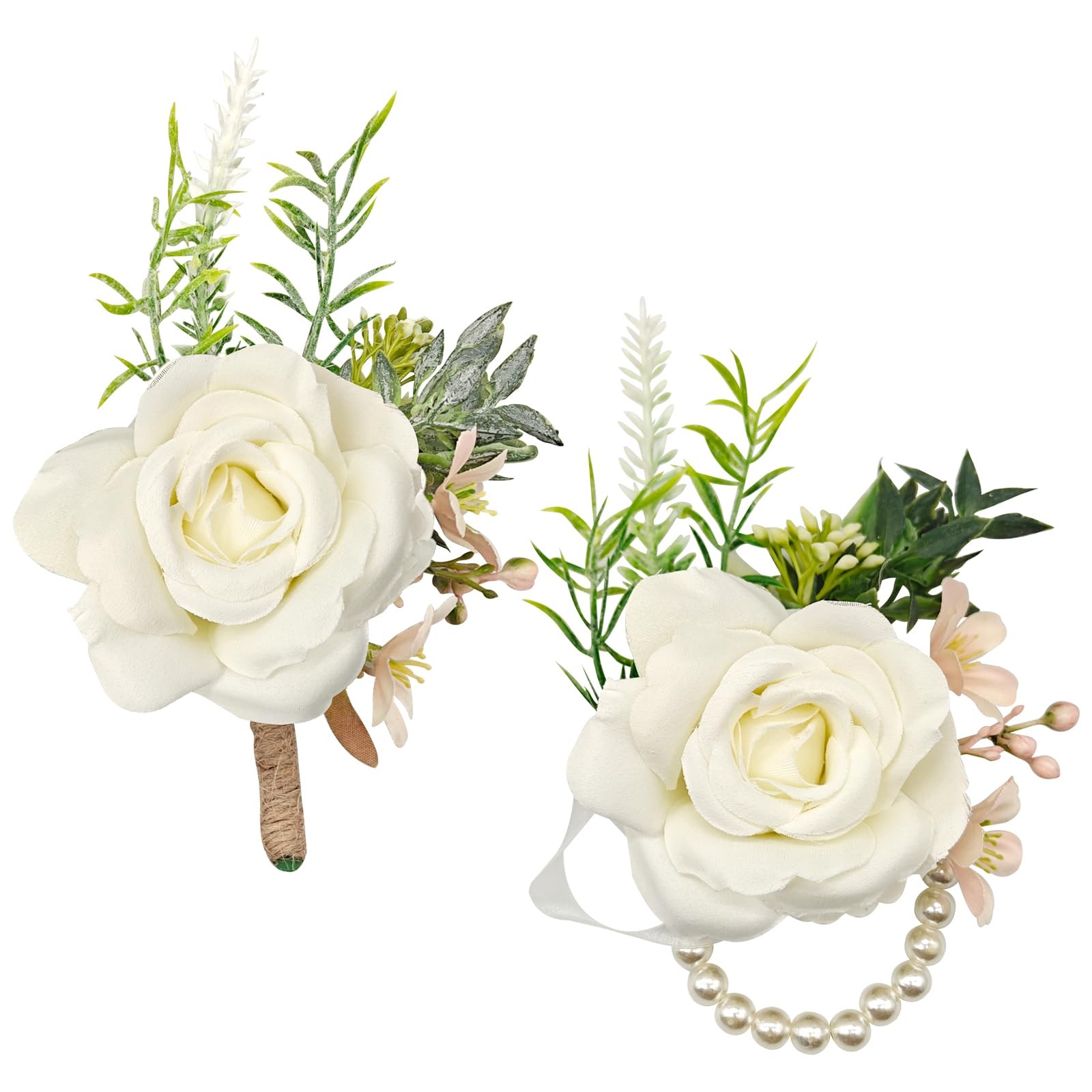 2 PCS Ivory Boutonniere Wrist Corsage Set Artificial Flower Pearl Band Prom