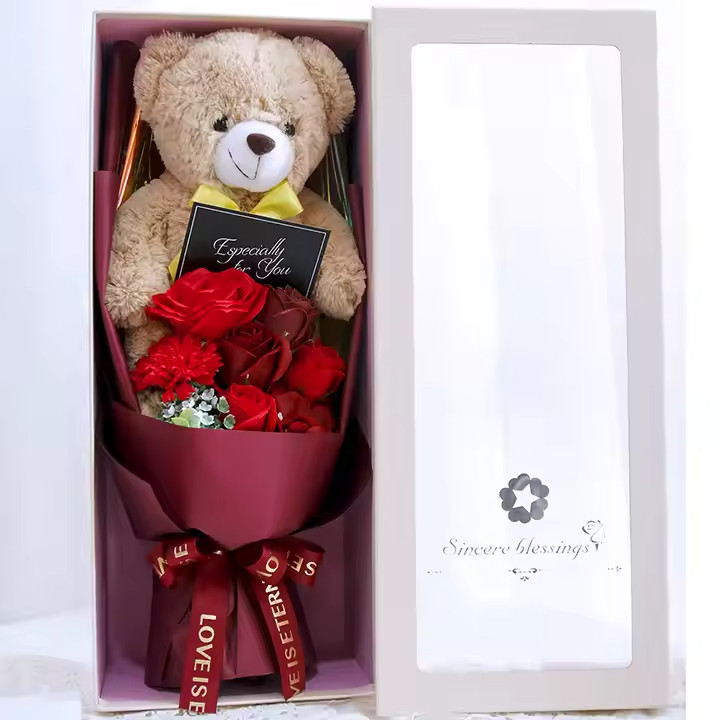 Plush Teddy Bear Bouquet Gifts Soap Rose Flower Gift Box w/ LED Valentine’s Day