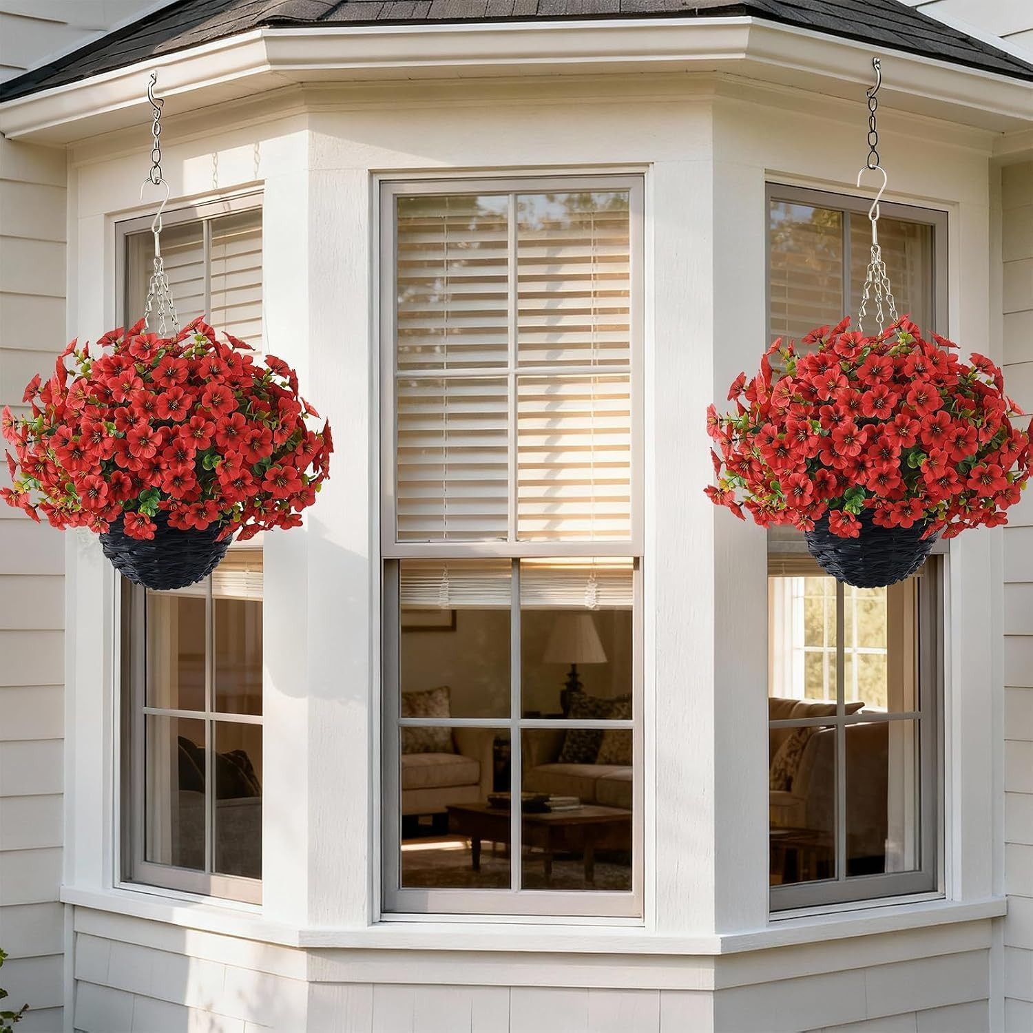 Red Artificial Morning Glory & Eucalyptus Hanging Baskets for Outdoor Decor