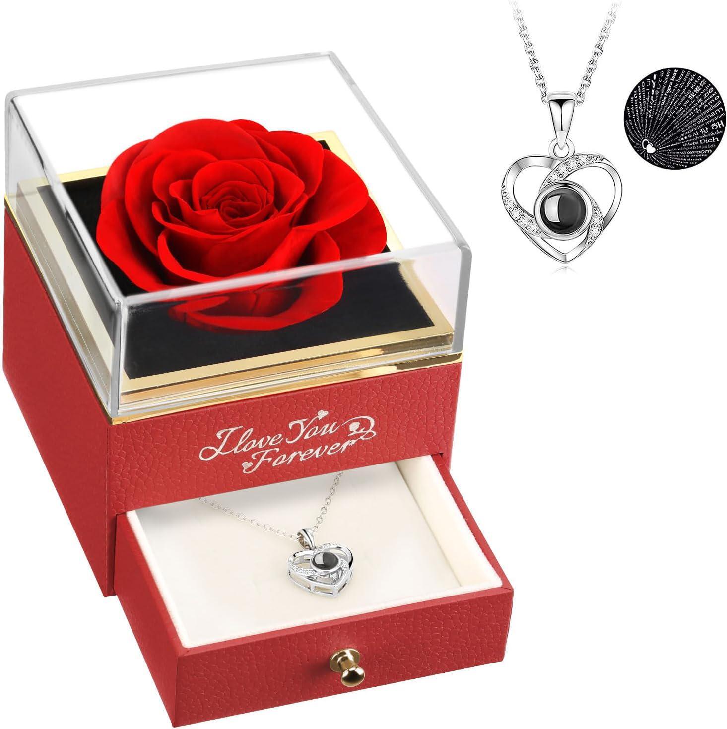 Red Rose Mother’s Day Preserved Forever Roses Gift W/Hidden I Love You Necklace