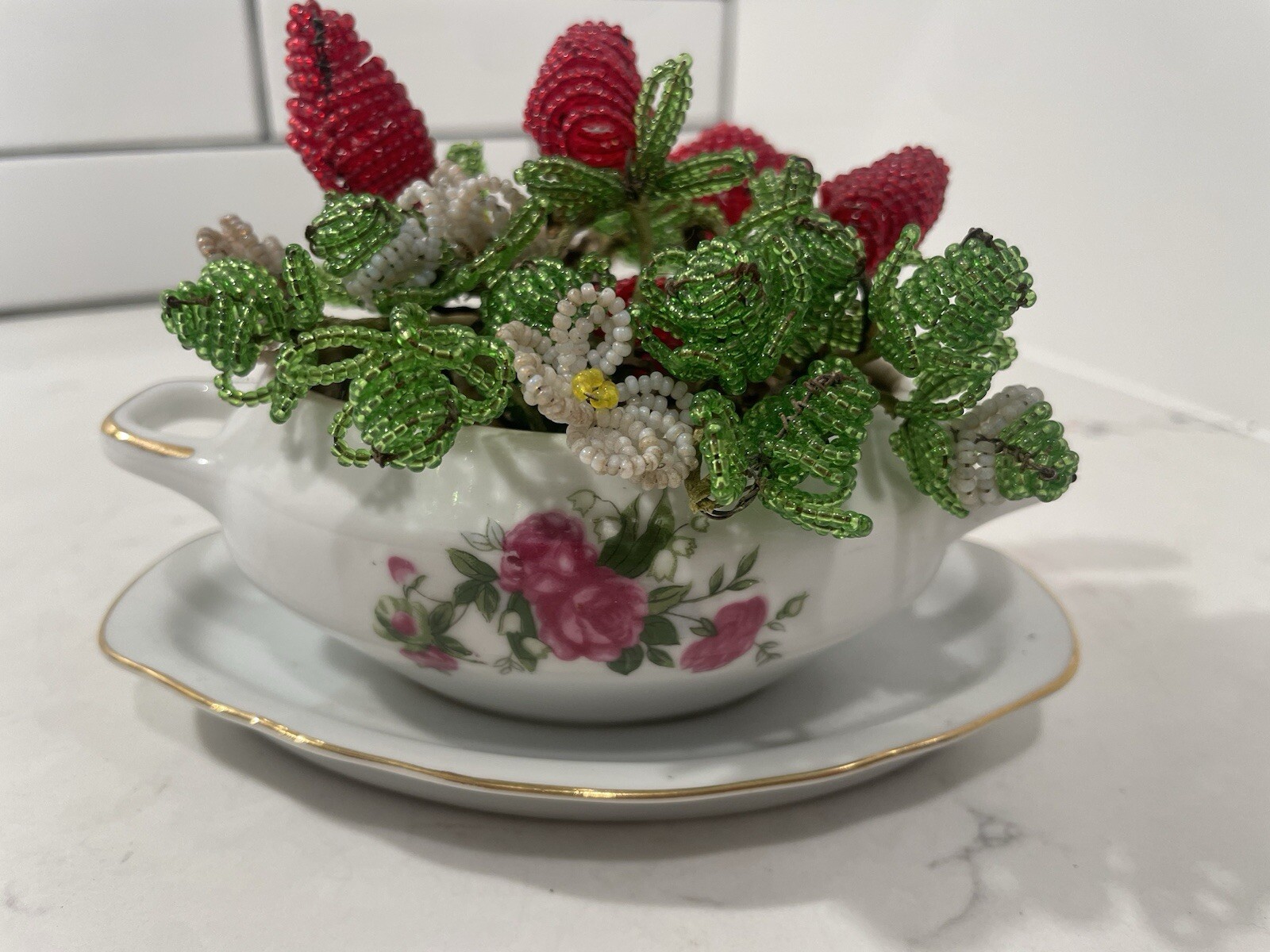 Vintage Seed Bead Arrangement In Royal Crown Mustard Porcelain Dish
