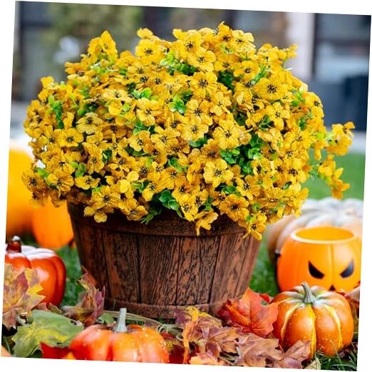Artificial Fall Flowers for Outdoors Fake Mums – 16 Bundles Faux Plants Yellow