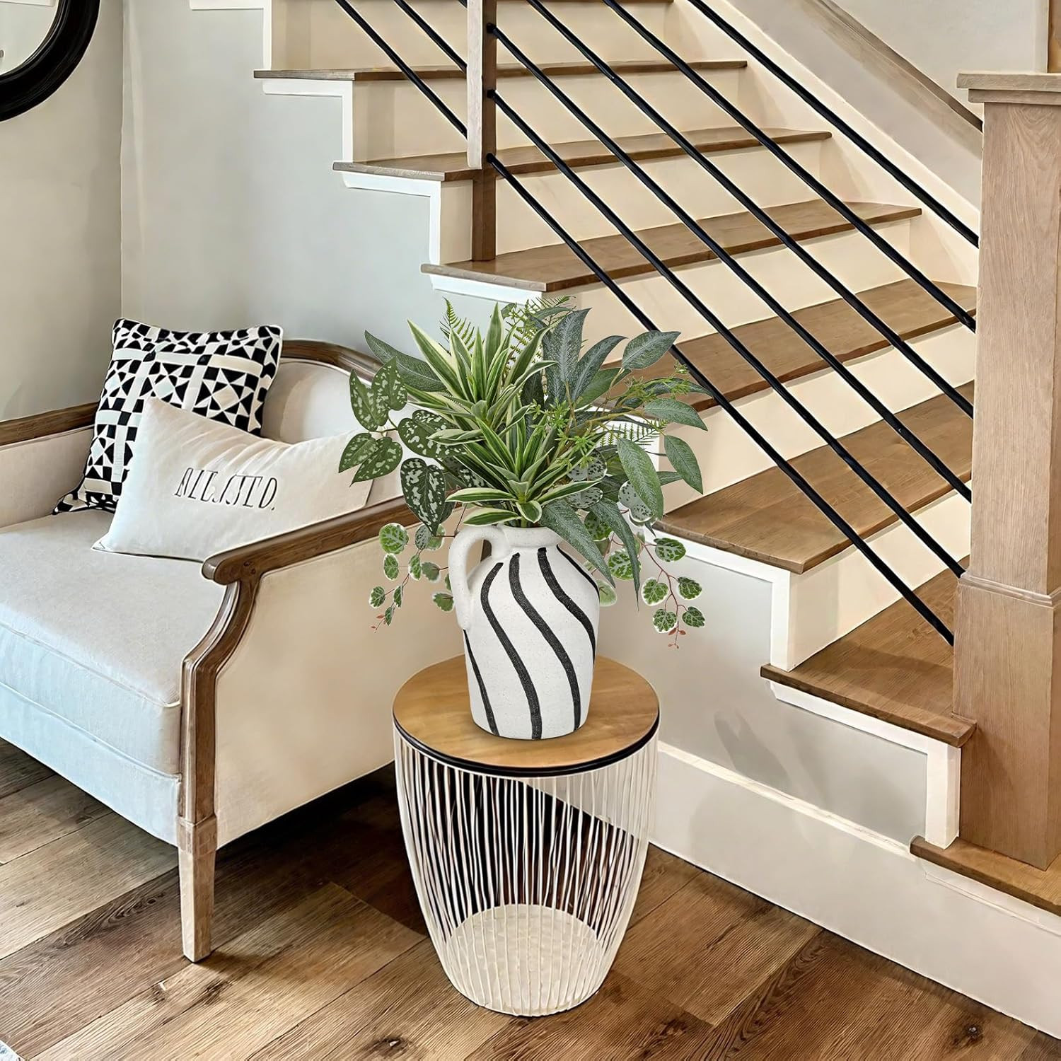 Faux Greenery in Rustic Cement Vase – Perfect Farmhouse Table Centerpiece