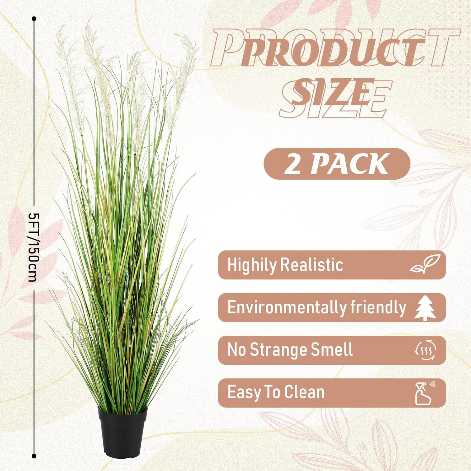 5 Ft Tall Artificial Grass Plants – Potted Faux Pampas for Home Decor (2 Pcs)