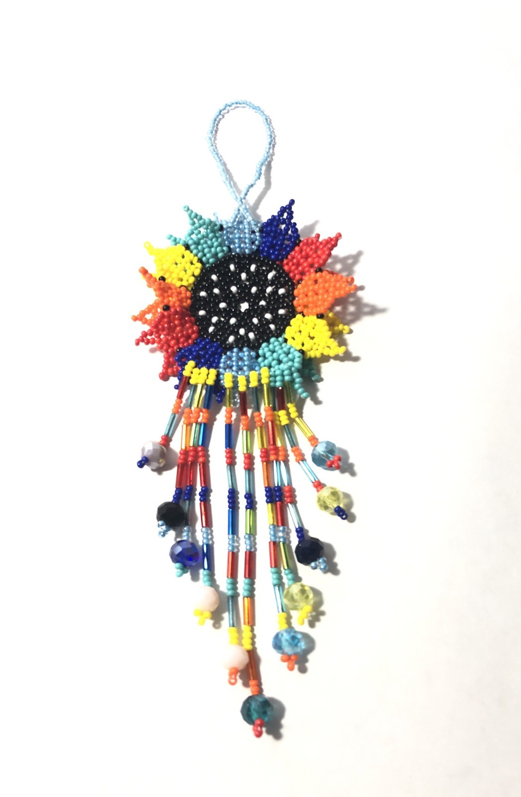 Hand Made Beaded Colorful Mexican Sunflower 5” Seed Bead Dangle Charm Ornament.