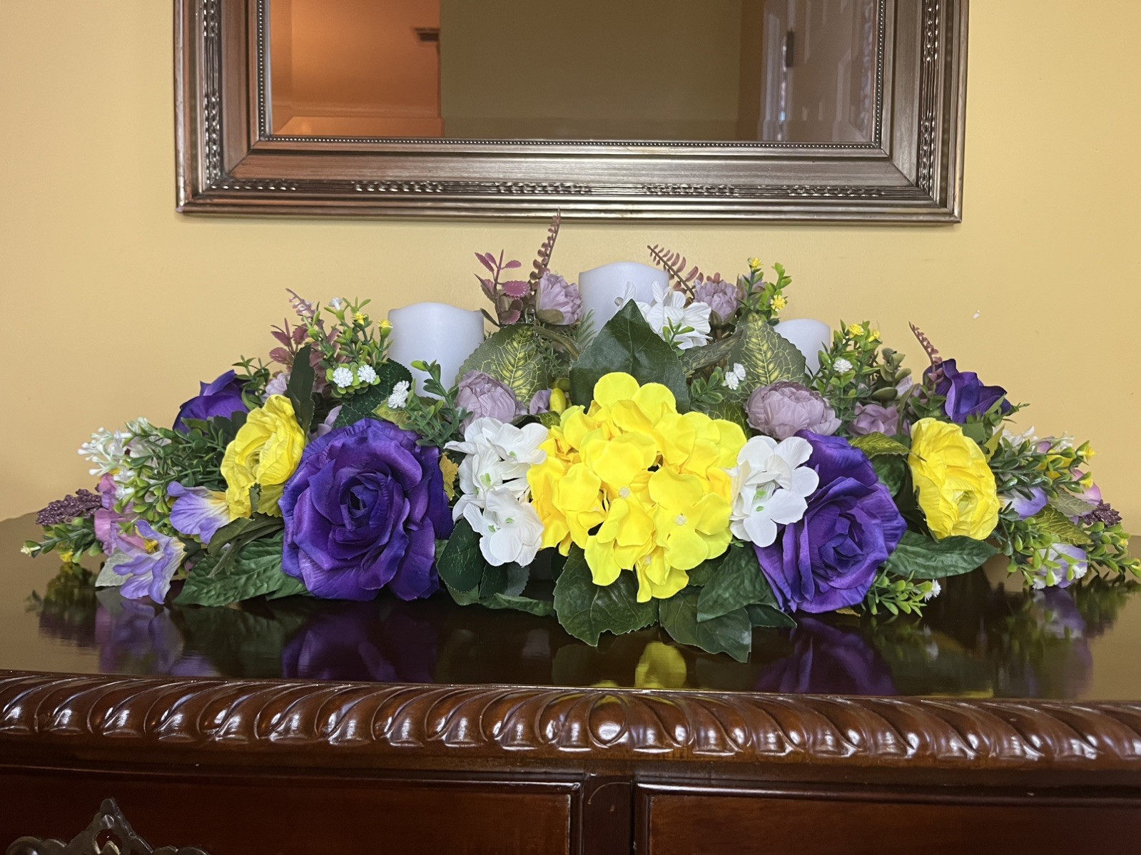 Purple Hydrangea And Roses Floral Arrangement Purple Pillar Candle Centerpiece