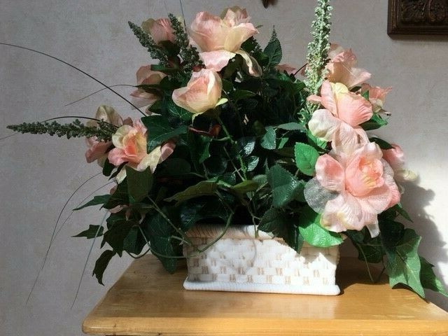 Silk Flower Floral Arrangement In Vintage Bowl. Decorative, Hand Designed MED sz