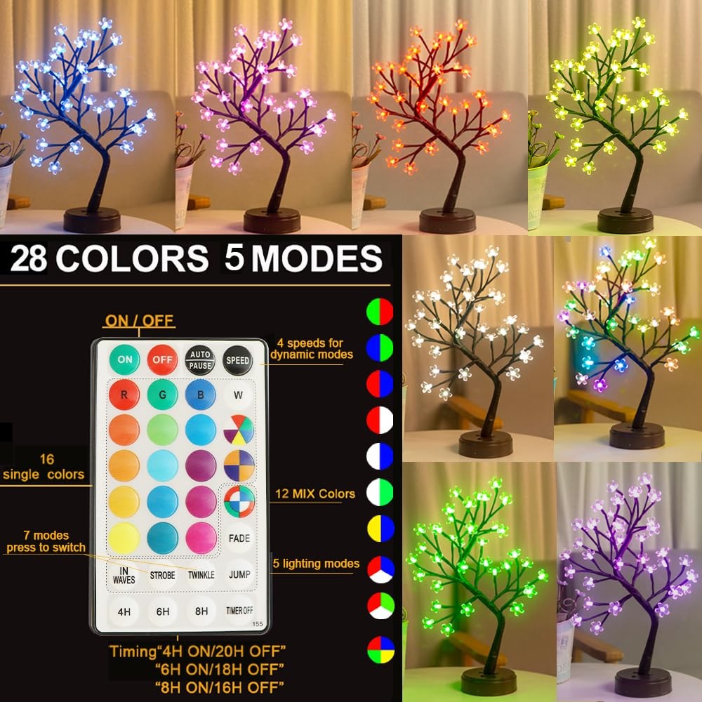 Pooqla Valentines RGB Cherry Blossom Tree Light with Remote 16 Color-Changing LE