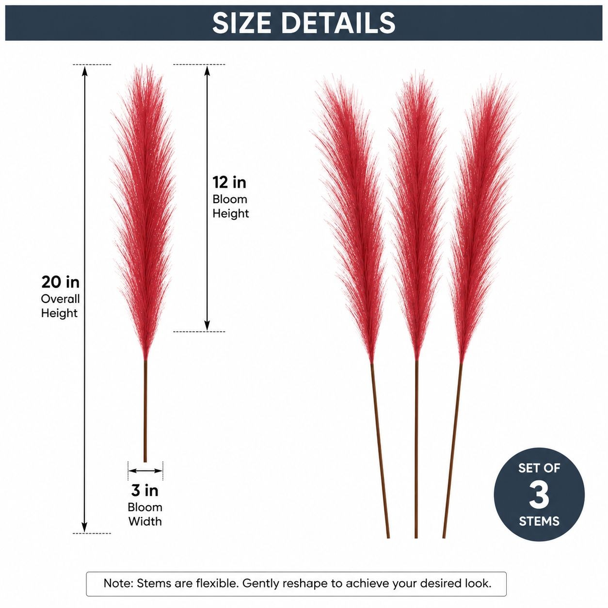 Red Artificial Pampas Grass Stems Set of 3, 20 Inch Faux Pampas Grass, Wispy Flo