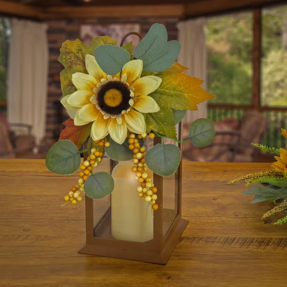 13″ Sunflower and Eucalyptus Decorated Harvest Lantern