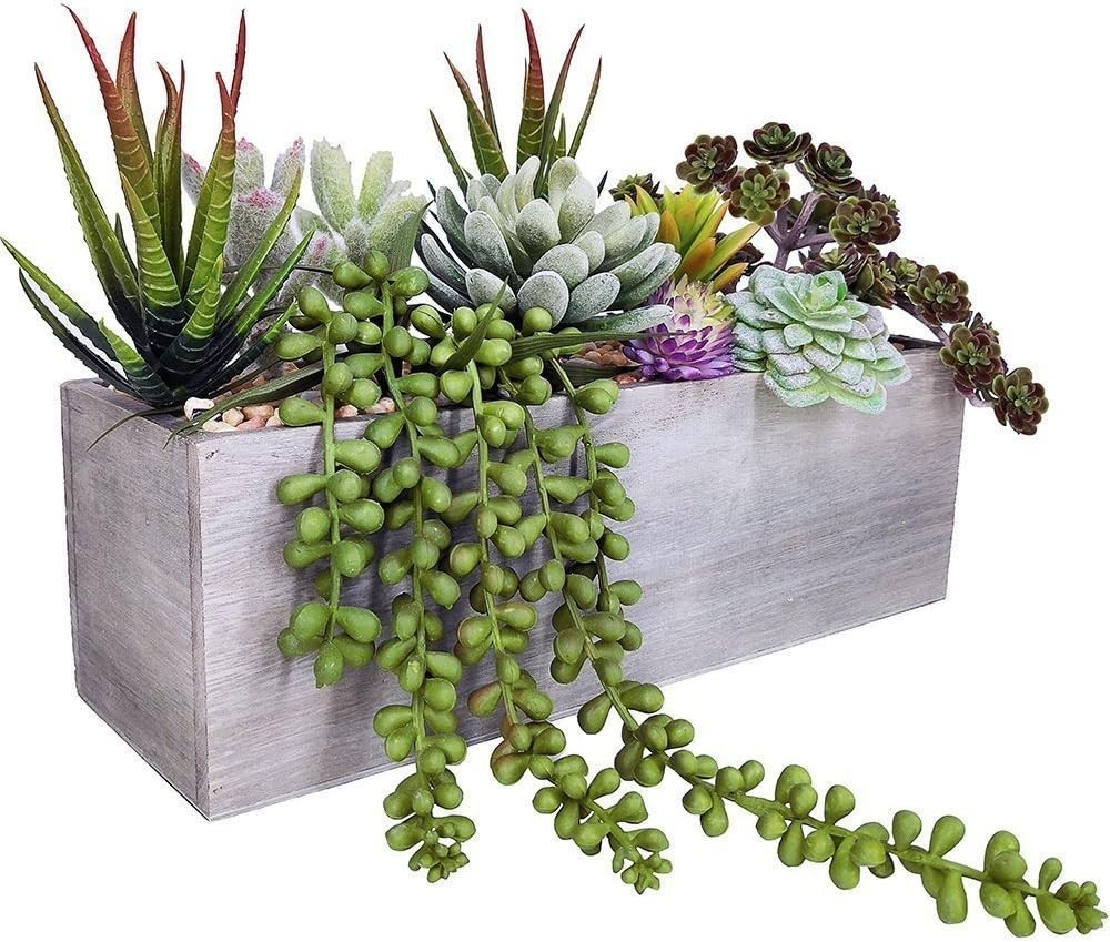 Elegant 10-Piece Artificial Succulent Arrangement in Rectangular Wooden Planter