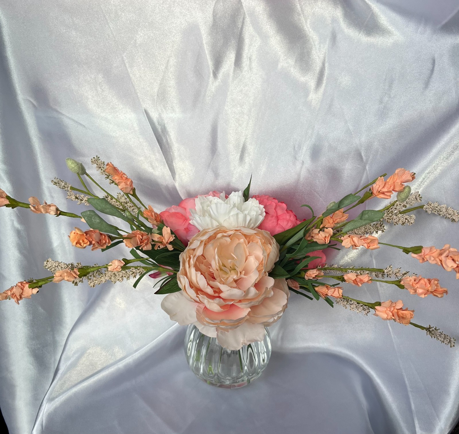 Coral and Peach Peony Silk Flower Arrangement with Vase and Clear Acrylic Water