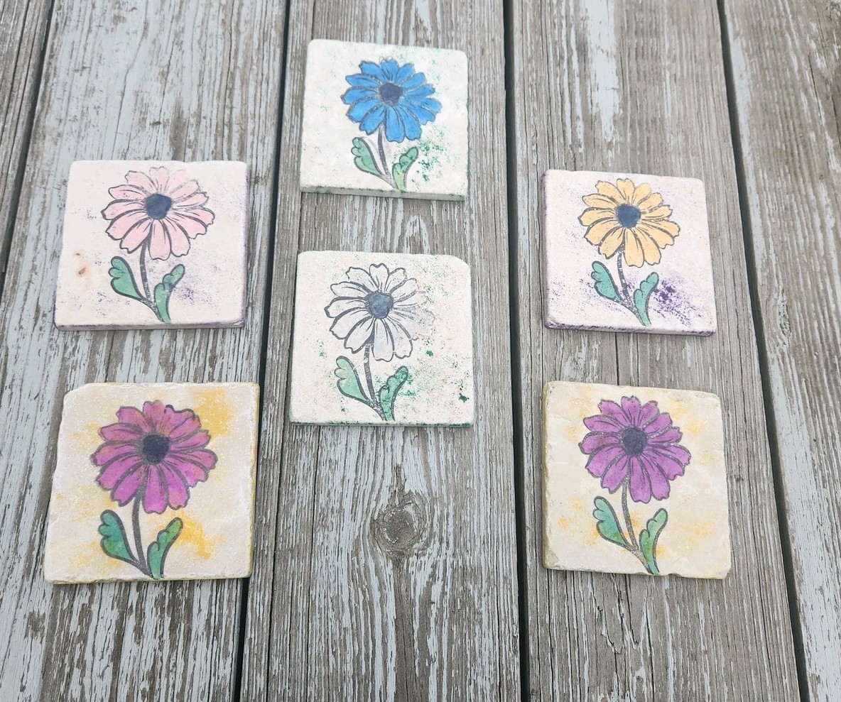 Handmade Floral Stone Tile Coasters Set 6 Flower Art Unique Home Decor Gift