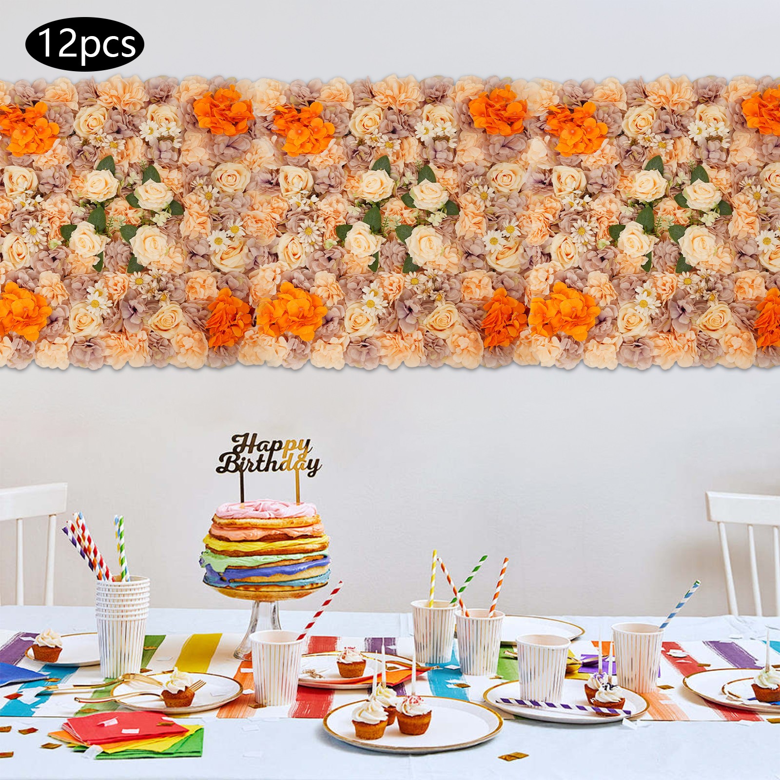12Pcs 11.81*11.81in Artificial Flower Wall Panels, Wedding Party Backdrop Decor