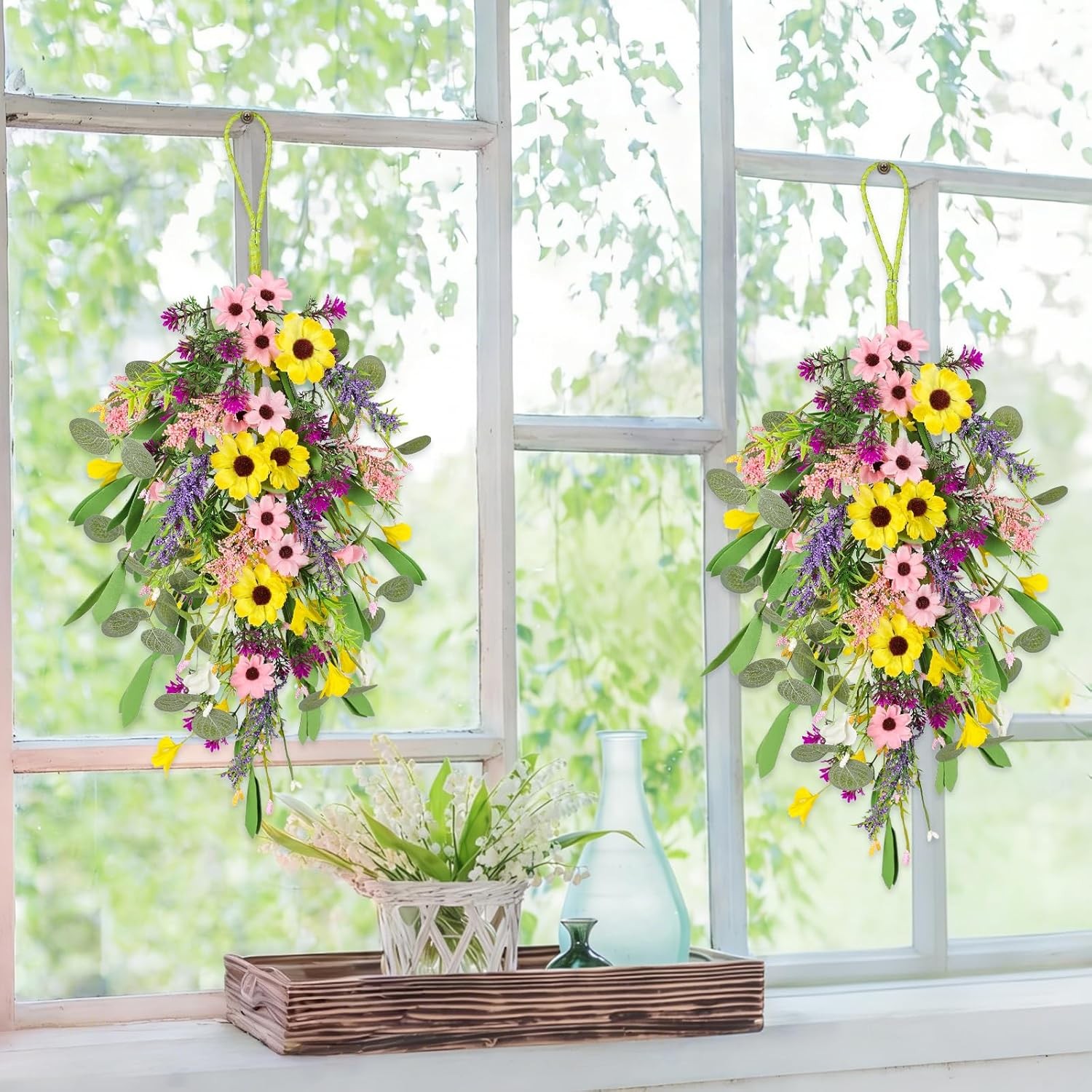 2 Pcs Spring Swags for Front Door, 23.6″ Artificial Floral Teardrop Swags with S