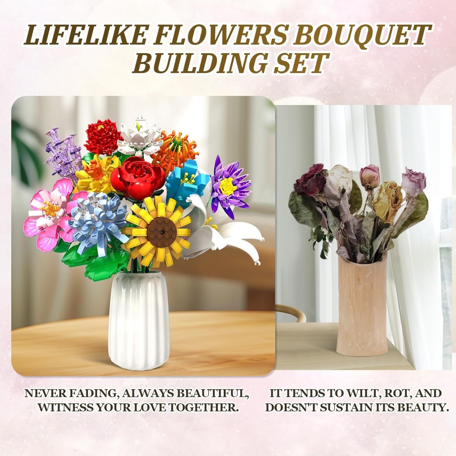 12 Kinds of Flowers Bouquet Building Set,Gifts Ideal for 6+ Women Girls, No Vase