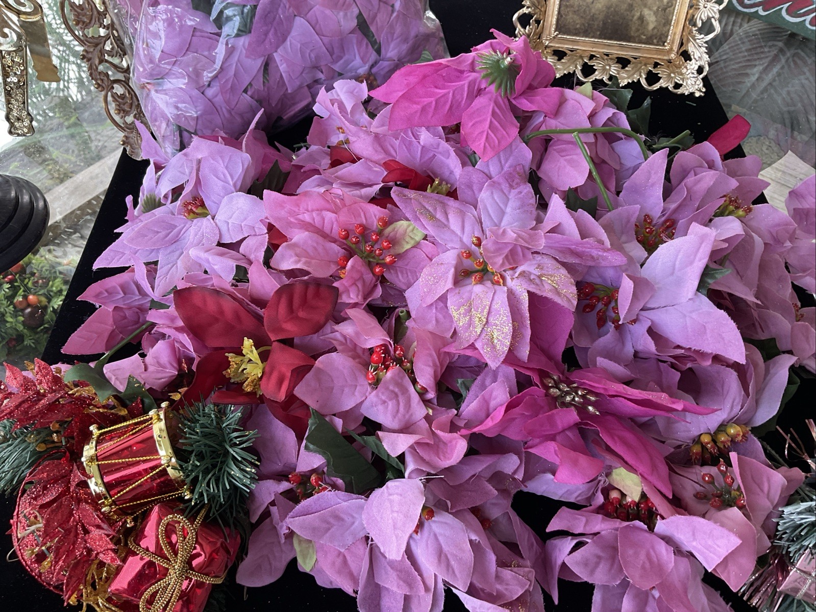 Pink Poinsettia Gold Glitter Artificial Flower Heads Pic Lot Holiday Decor Craft