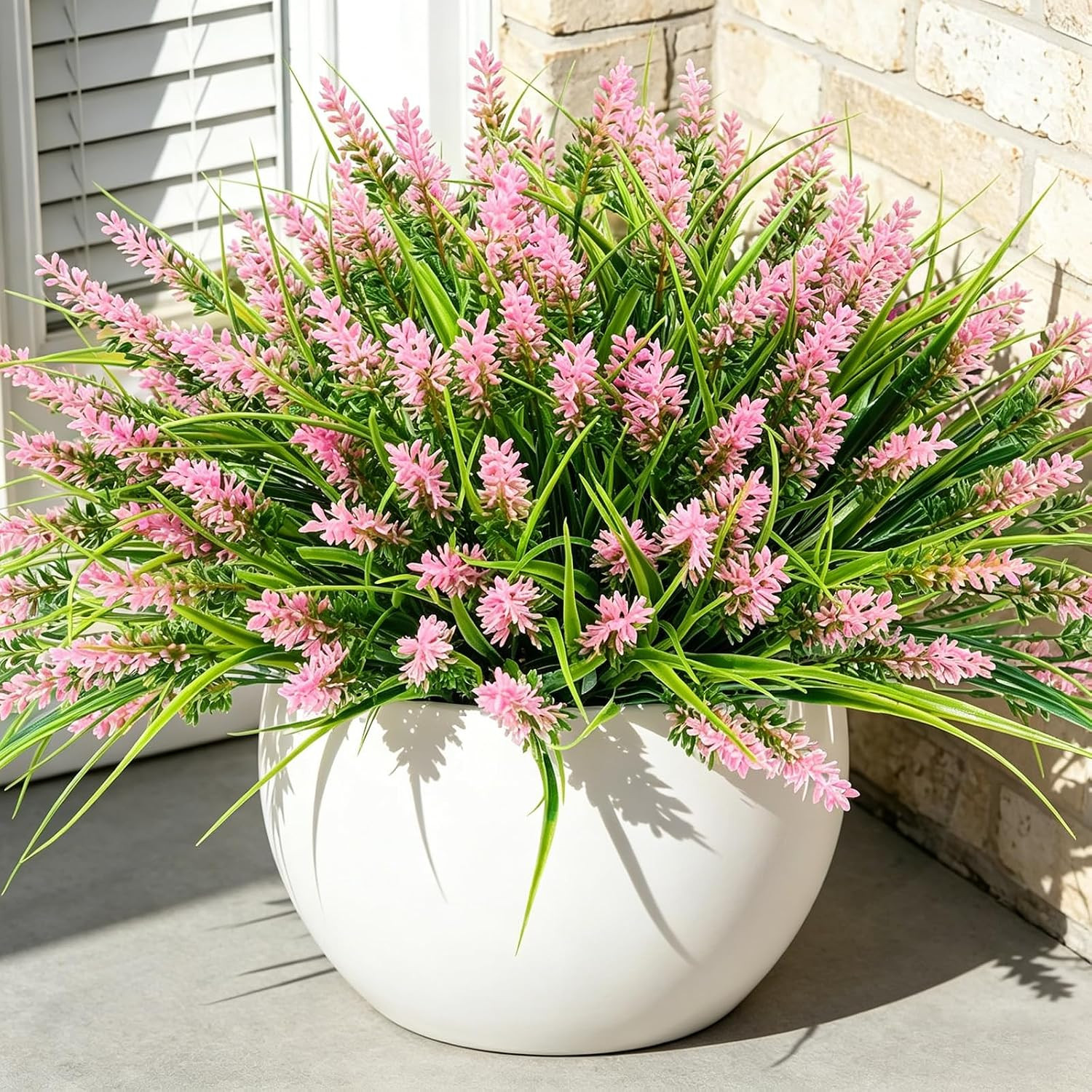 48Pcs UV Resistant Fake Monkey Grass with Pink Flowers for Home & Garden Decor