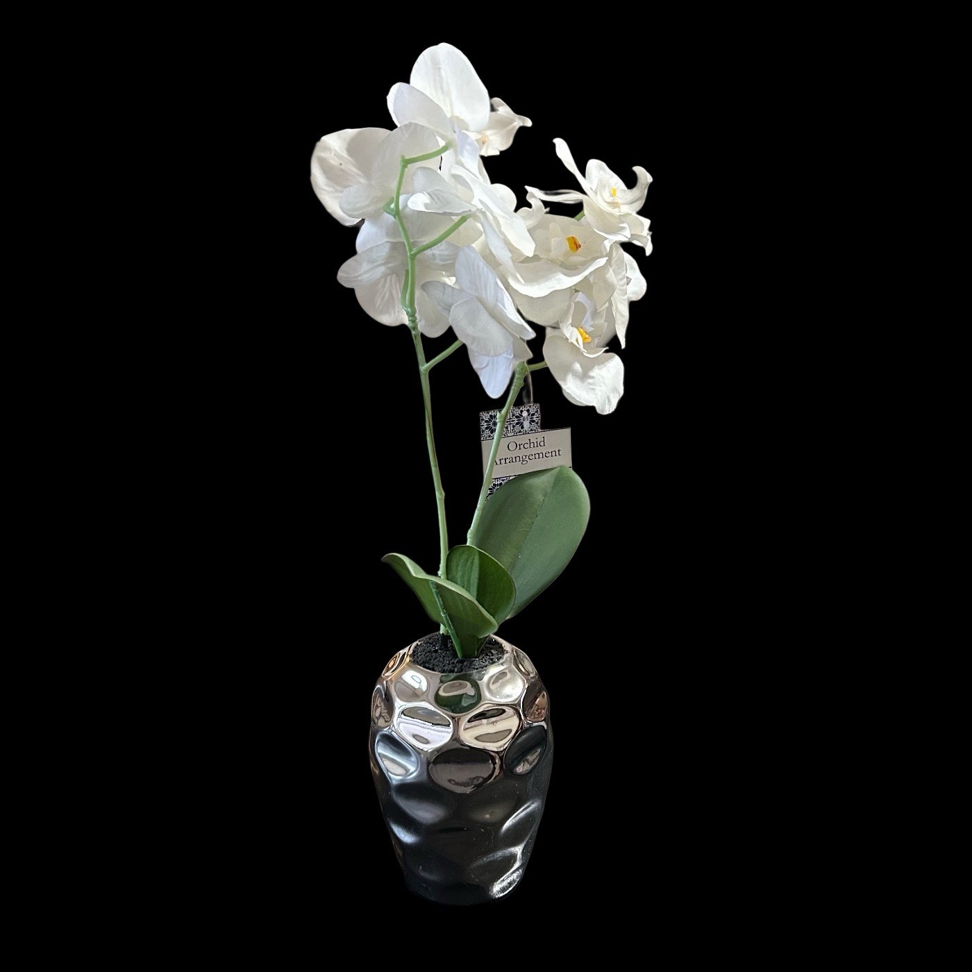 Orchid Floral Plant In Silver Metallic Vase 17” Table Art Modern Home Decor New