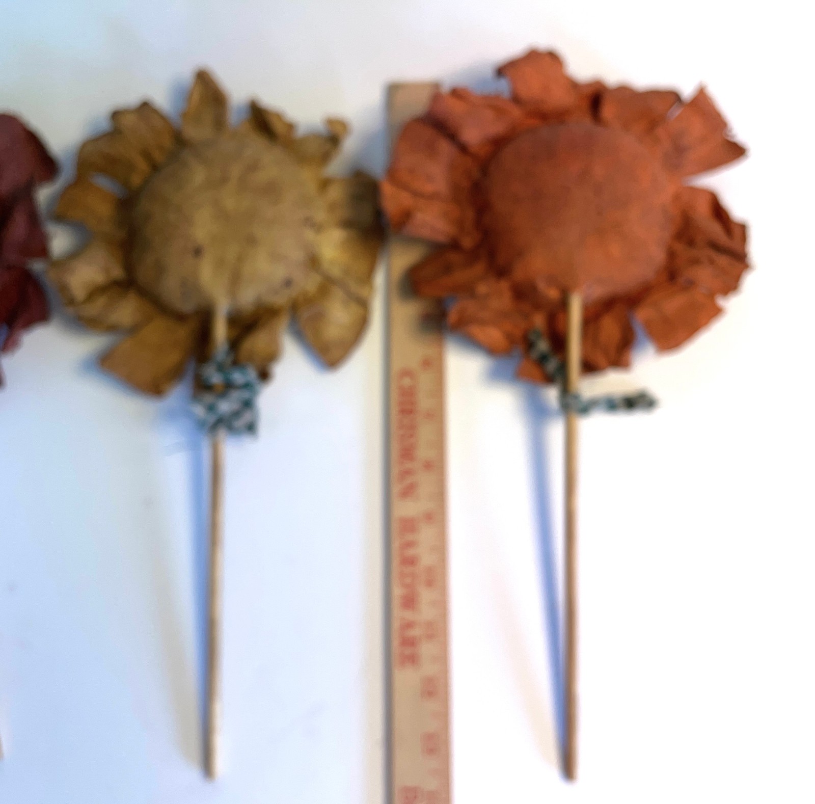 3 Handmade Primitive-Style Fabric Sunflower Floral Picks 12-13″