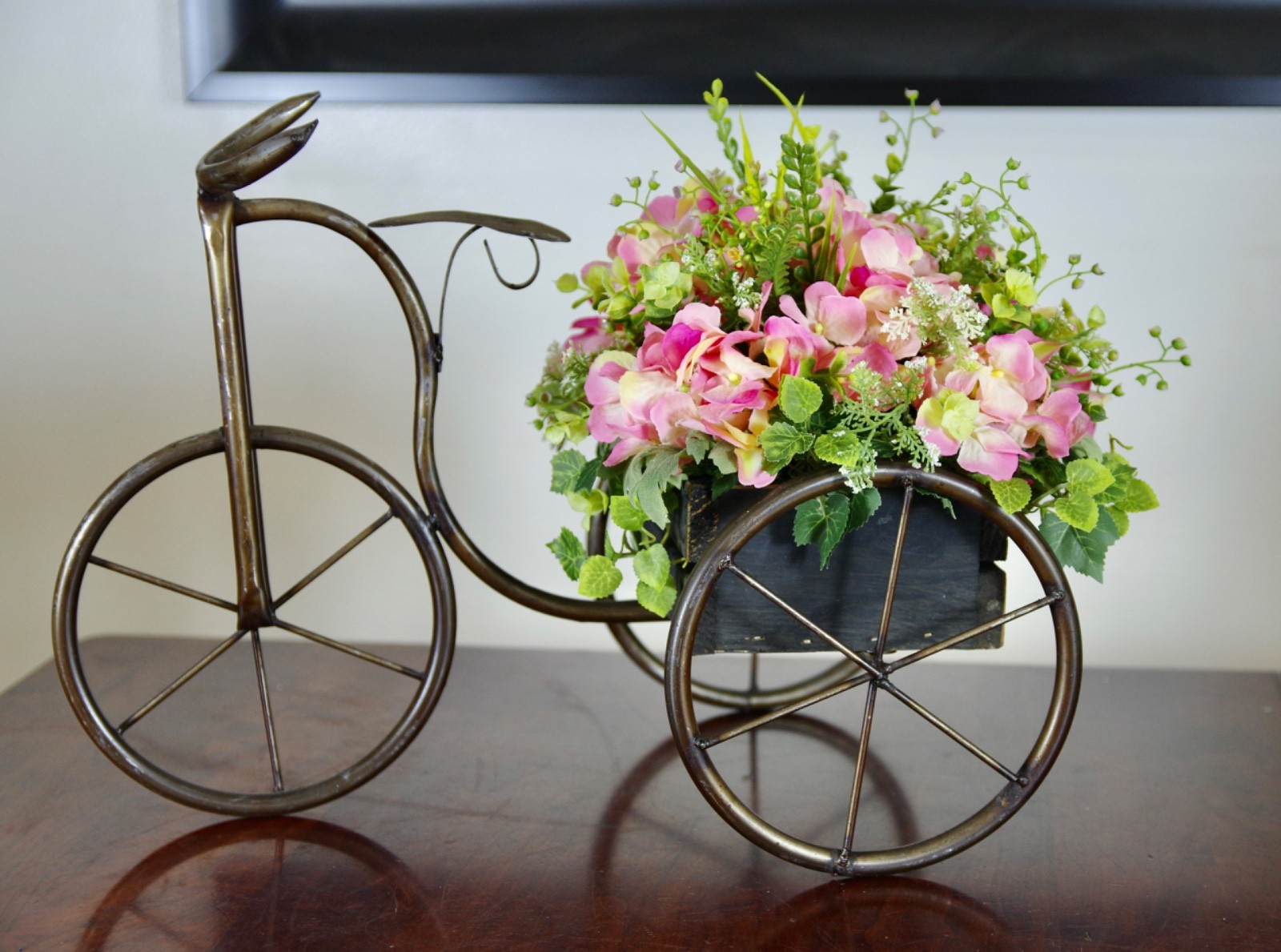 Silk Pink Hydrangeas in Metal Tricycle, Vintage Style