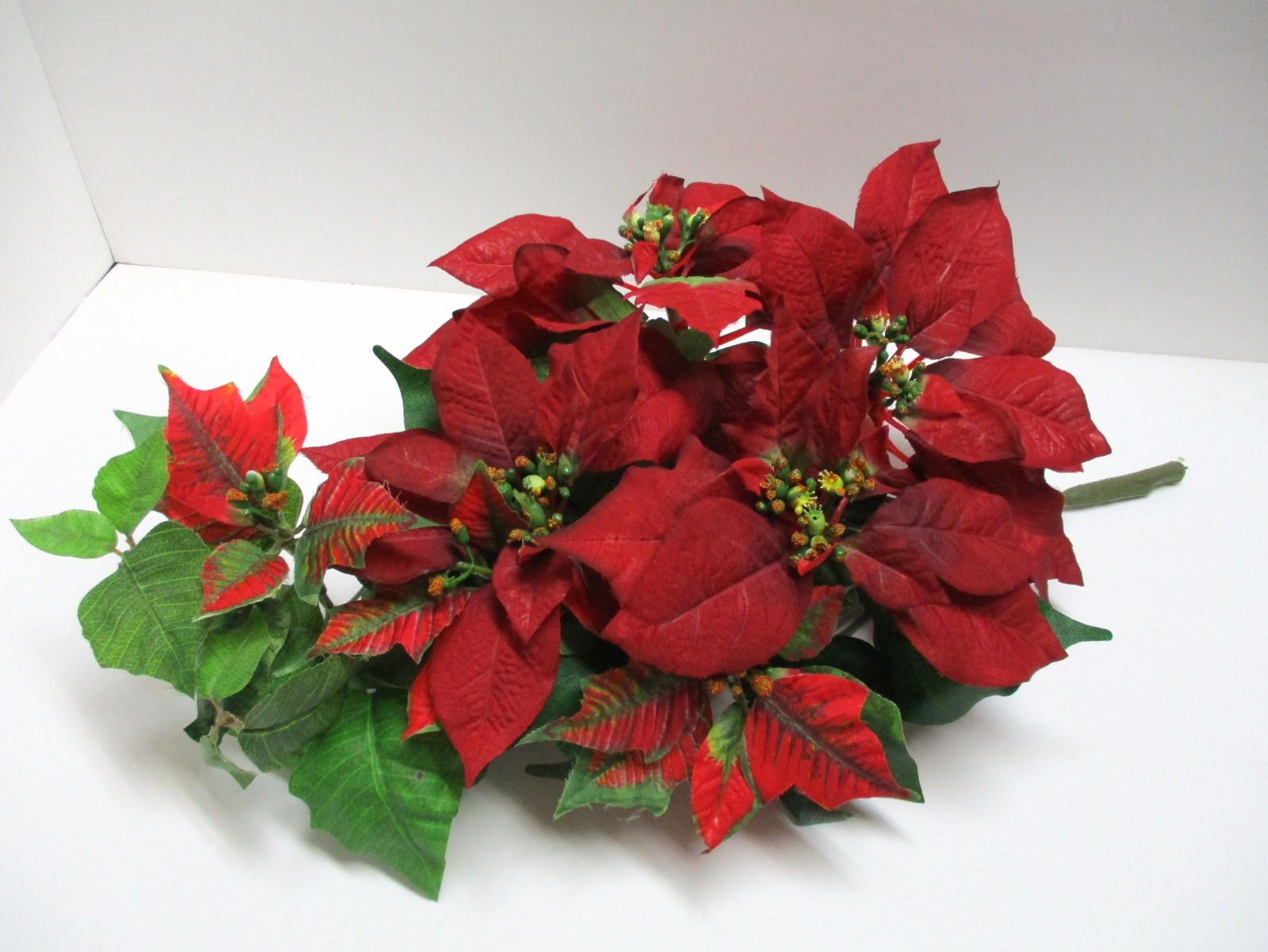 5 Stems Deep Red Silk Poinsettia Bouquet / Bush with 7-8 Flowers 5″ to 9″