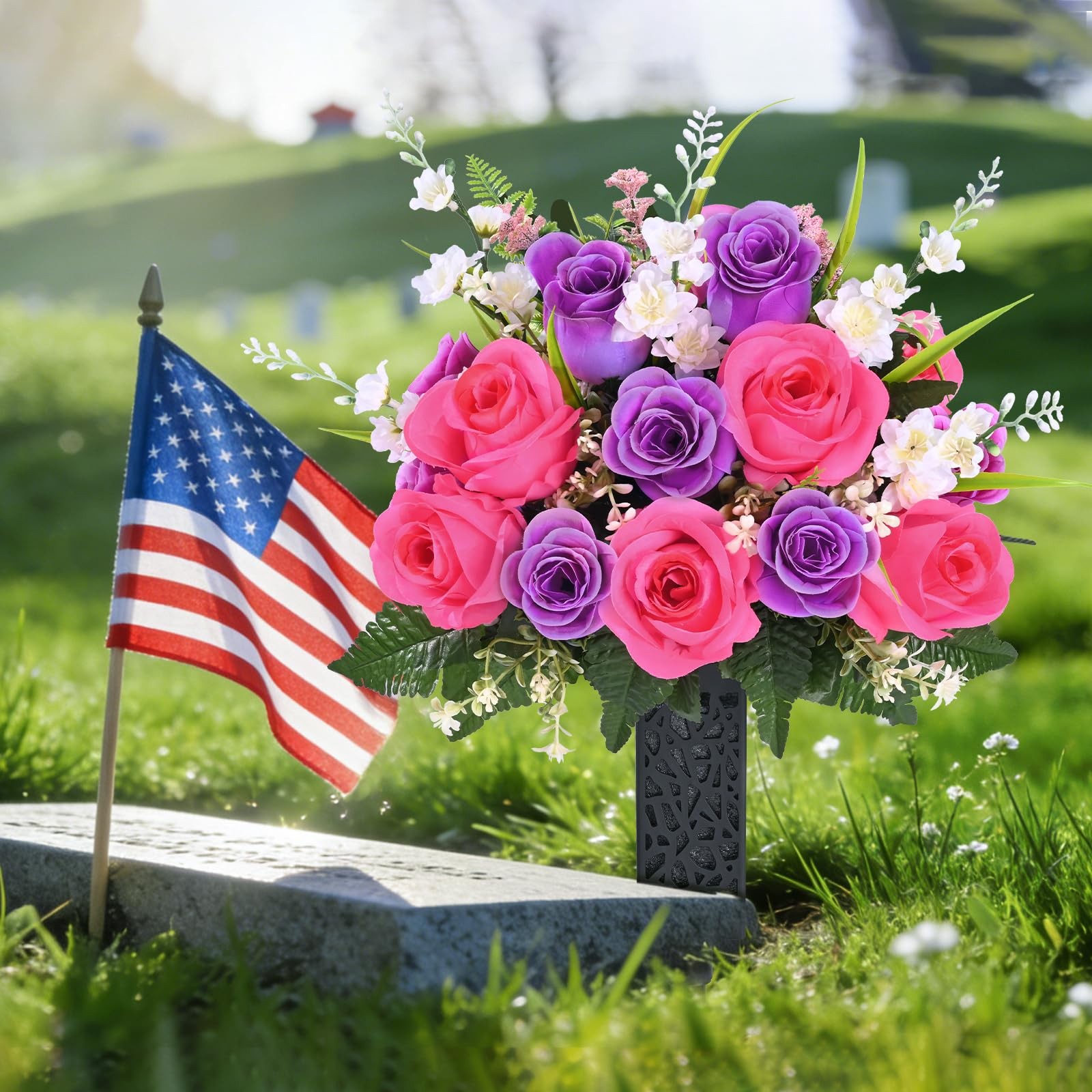 2 Sets Artificial Cemetery Flowers for Grave, Realistic Grave Flowers for Cem…