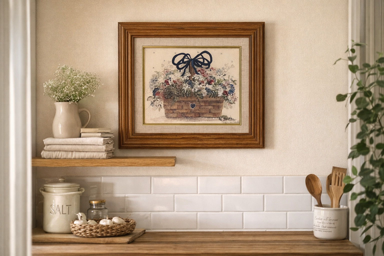 Pat Richter Tie A Navy Ribbon Framed Wall Art Vintage floral artwork wall decor